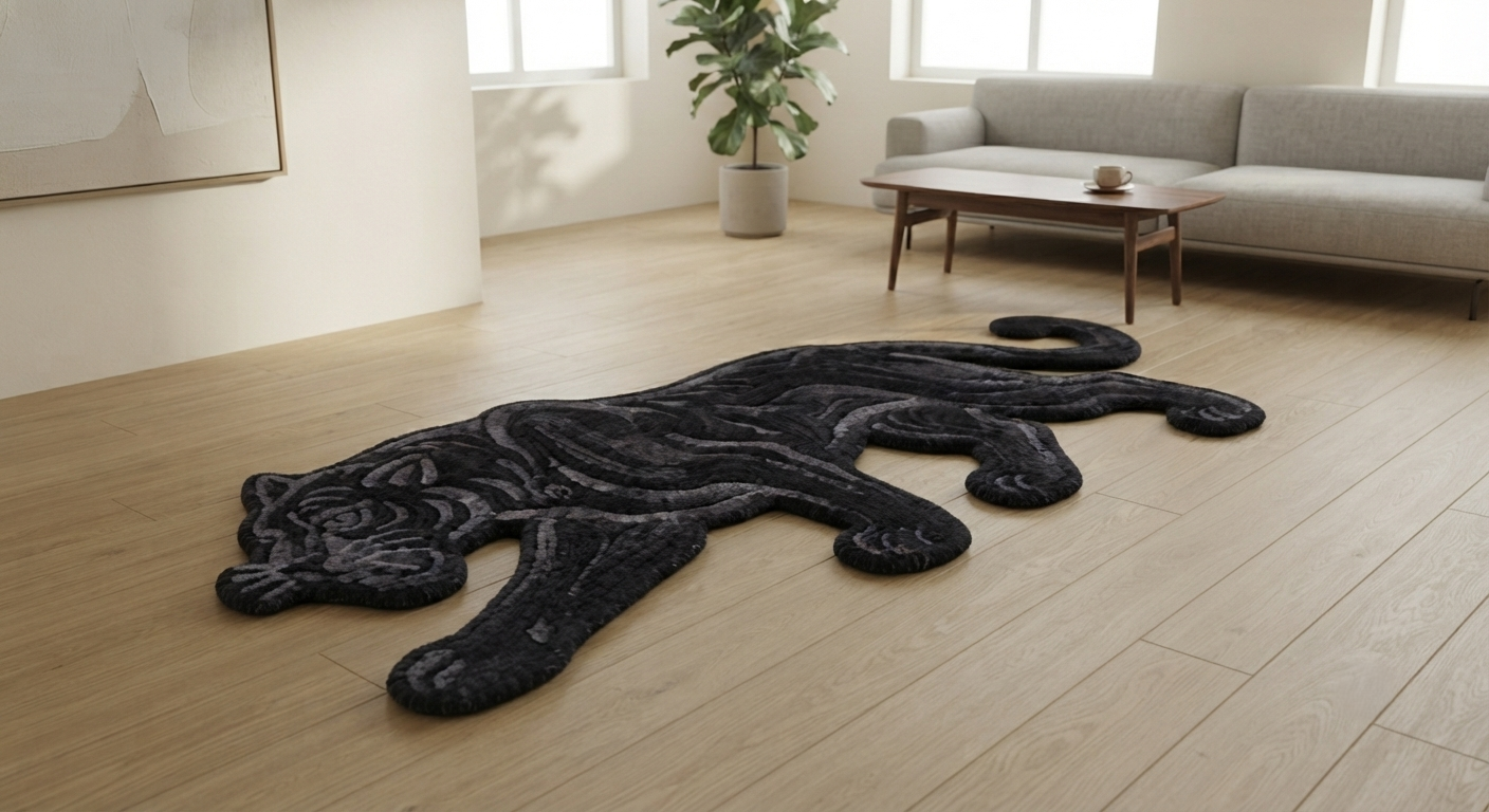 Black Panther Rug, Hand Tufted Animal Rug, Wild Cat Carpet, Black Wool Rug, Gothic Decor, Statement Floor Rug