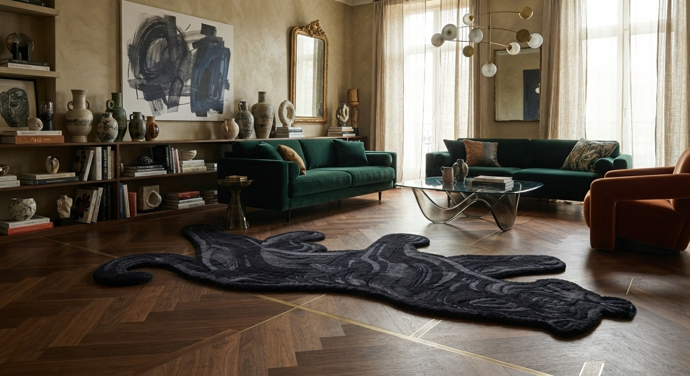 Black Panther Rug, Hand Tufted Animal Rug, Wild Cat Carpet, Black Wool Rug, Gothic Decor, Statement Floor Rug