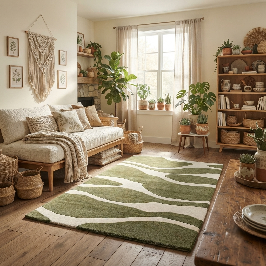 Olive Green & Cream Abstract Wave Rug | Hand-Tufted Wool