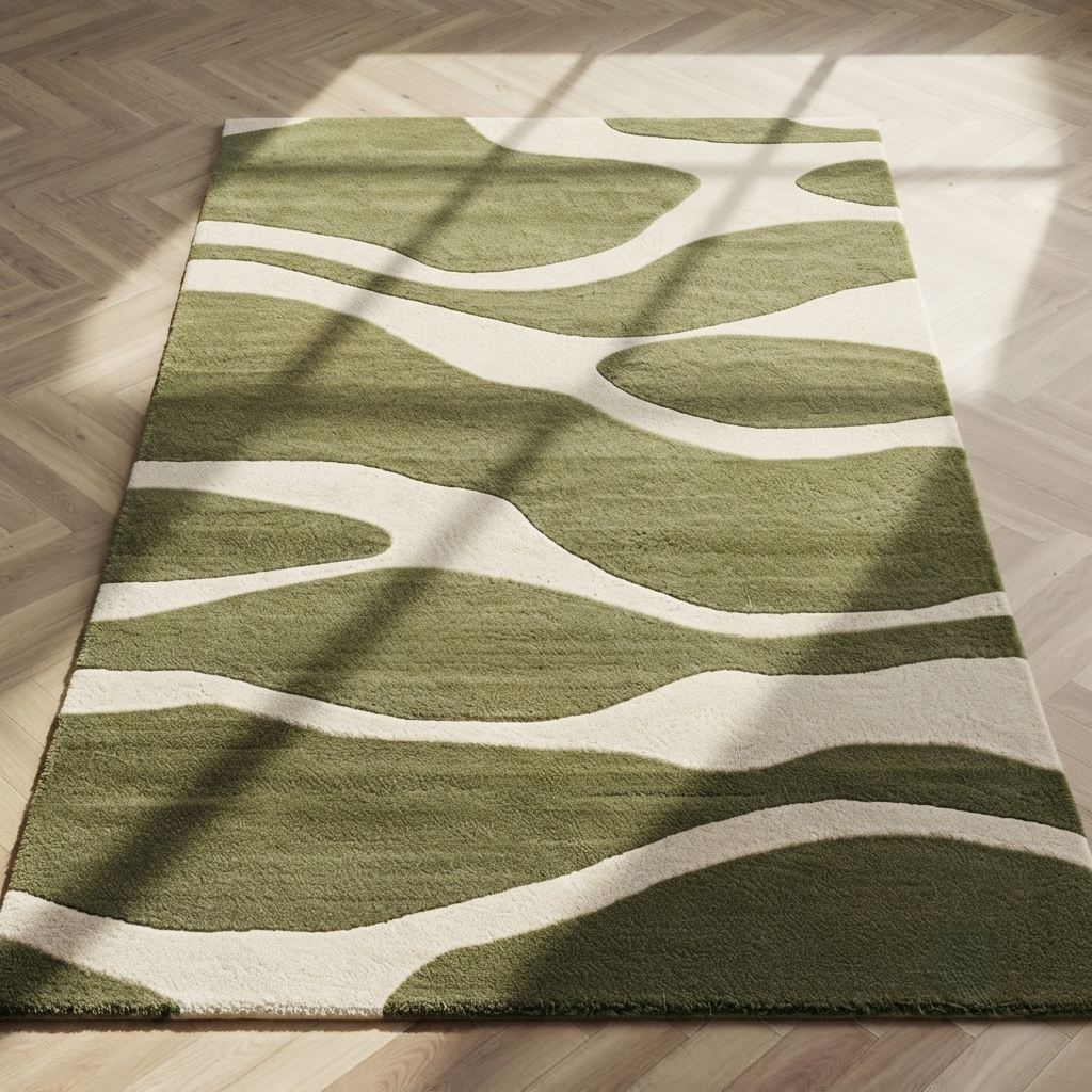 Olive Green & Cream Abstract Wave Rug | Hand-Tufted Wool