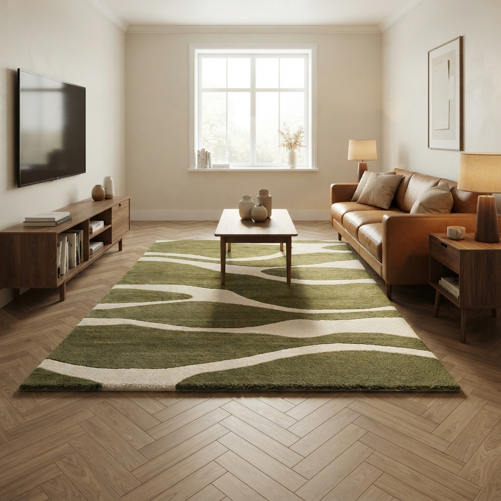 Olive Green & Cream Abstract Wave Rug | Hand-Tufted Wool