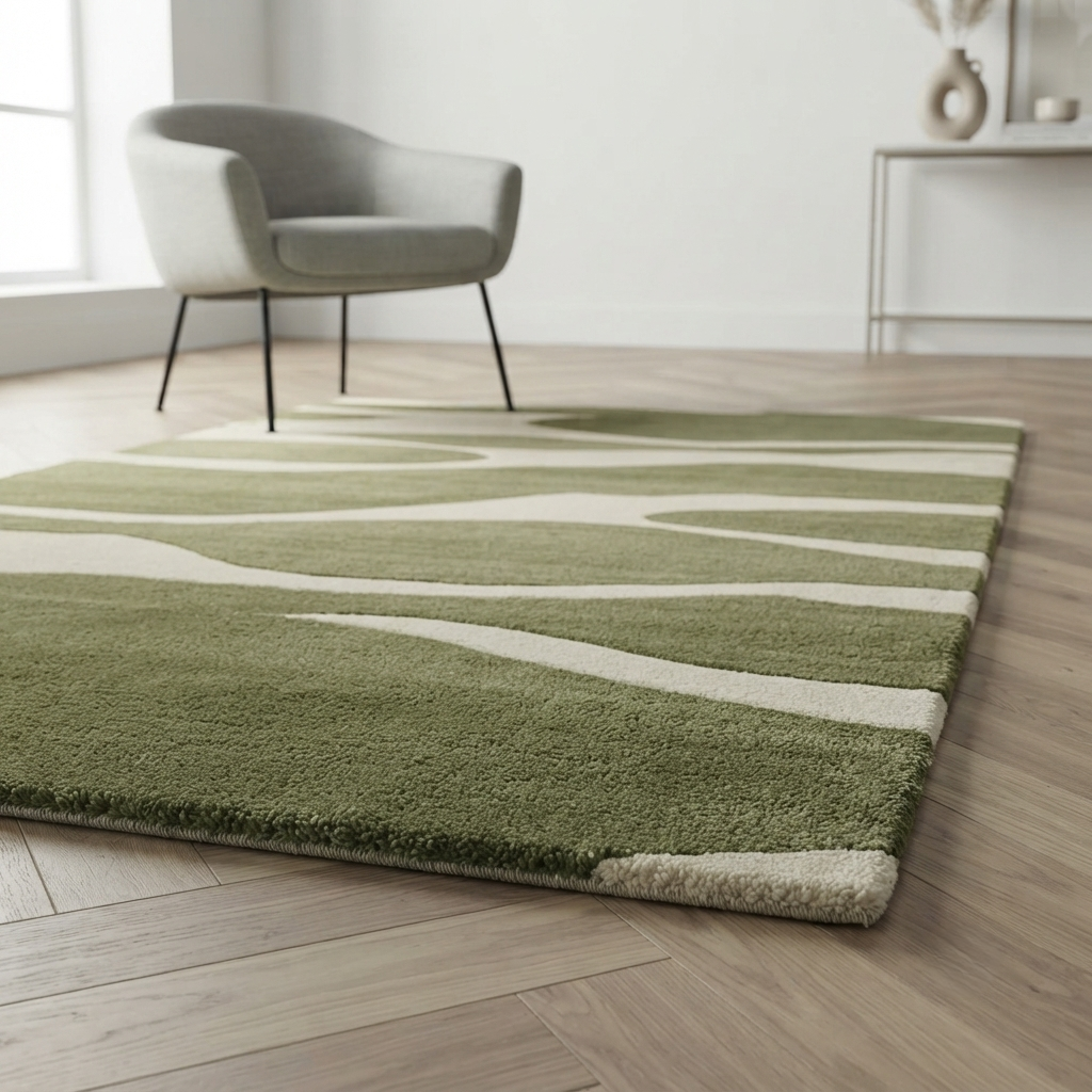 Olive Green & Cream Abstract Wave Rug | Hand-Tufted Wool