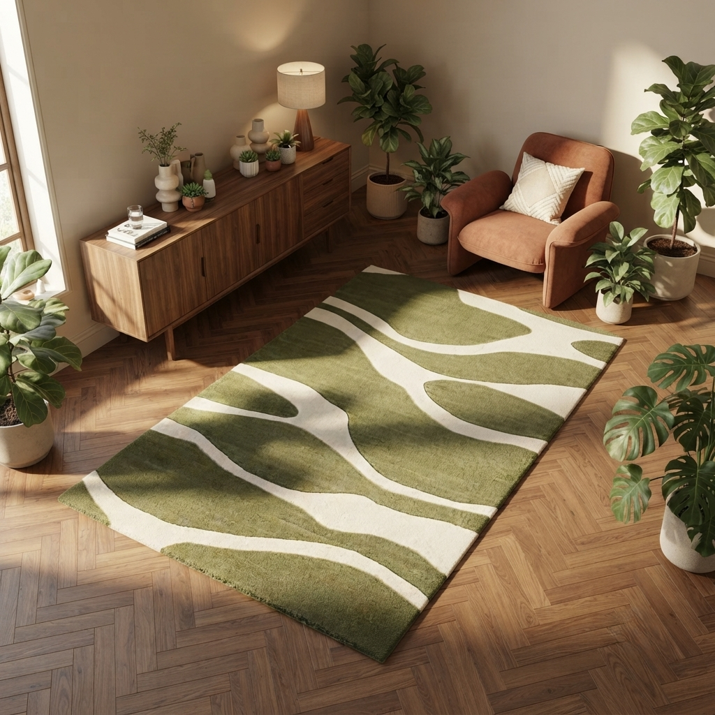 Olive Green & Cream Abstract Wave Rug | Hand-Tufted Wool