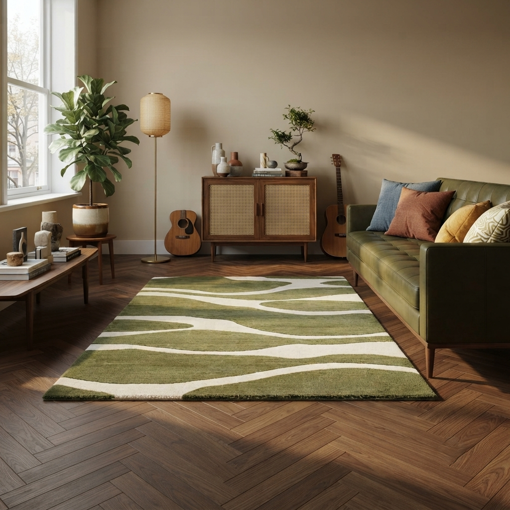 Olive Green & Cream Abstract Wave Rug | Hand-Tufted Wool