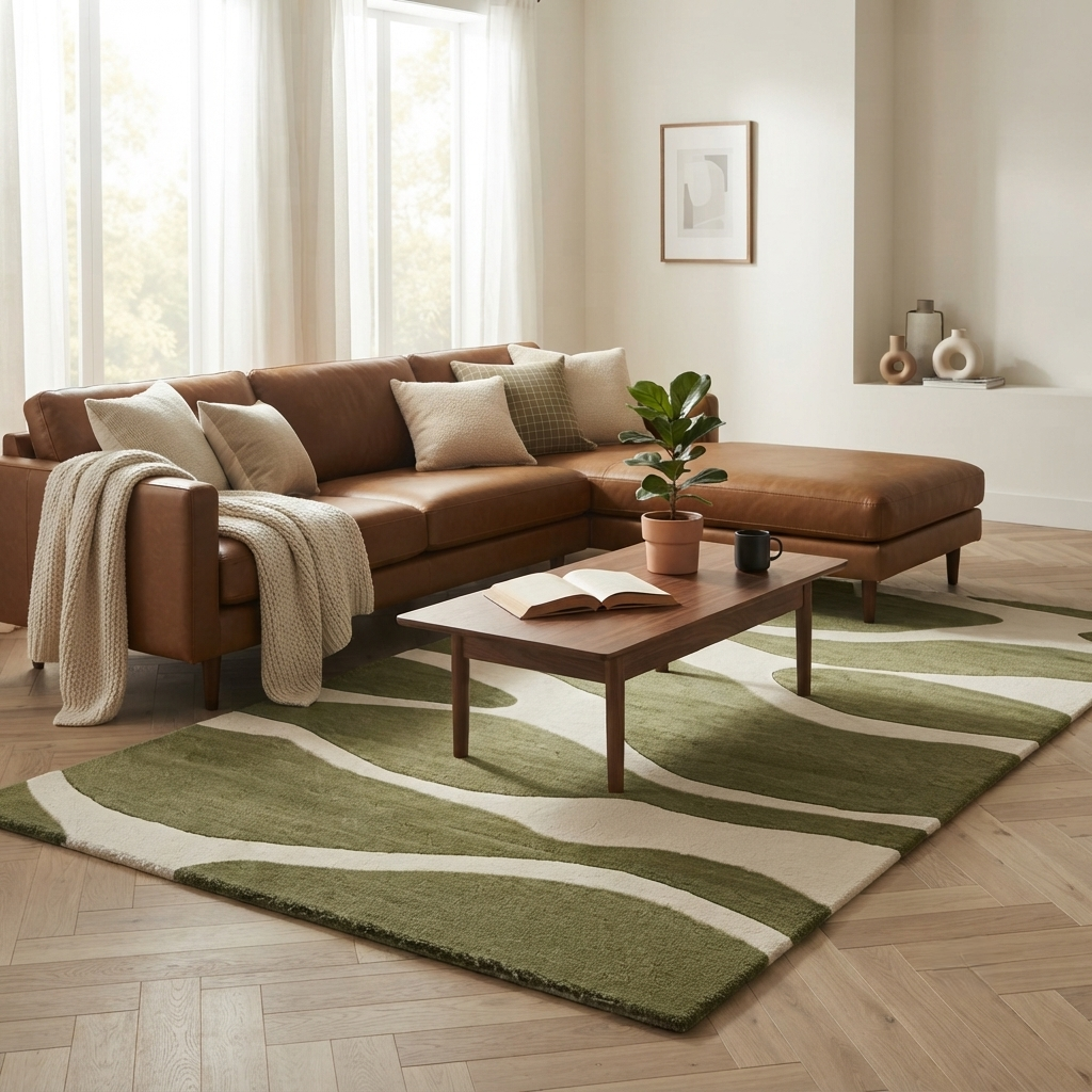 Olive Green & Cream Abstract Wave Rug | Hand-Tufted Wool
