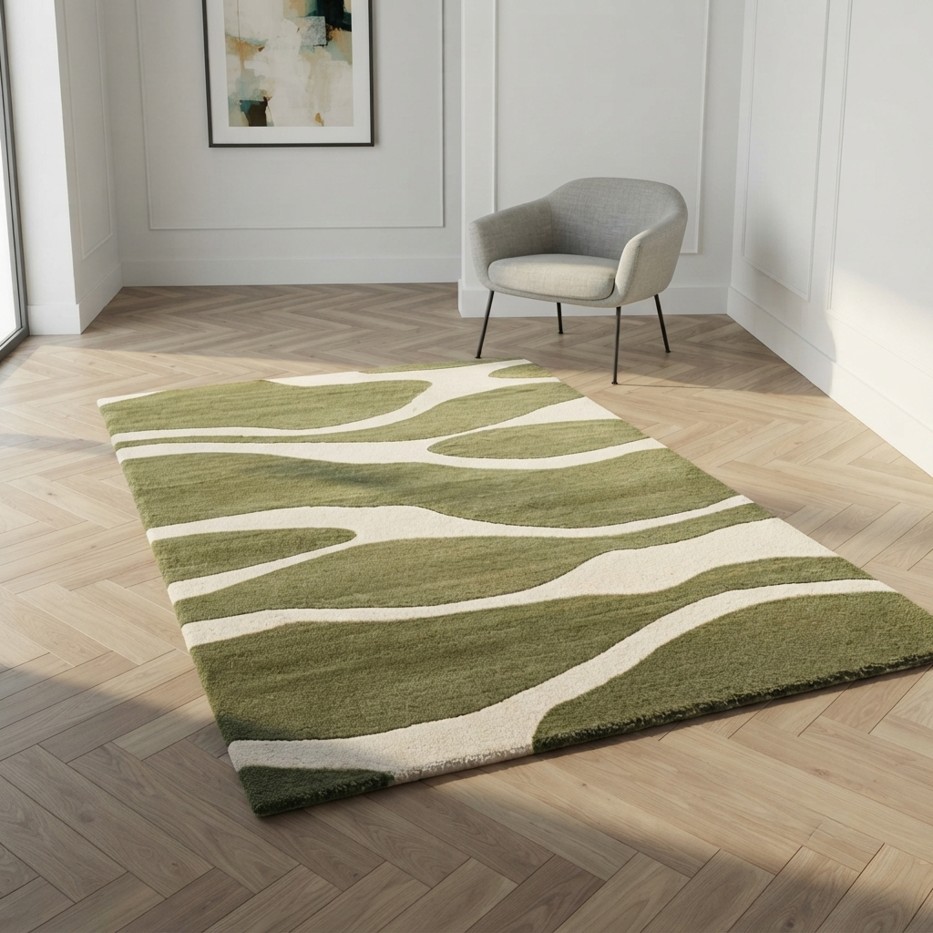 Olive Green & Cream Abstract Wave Rug | Hand-Tufted Wool