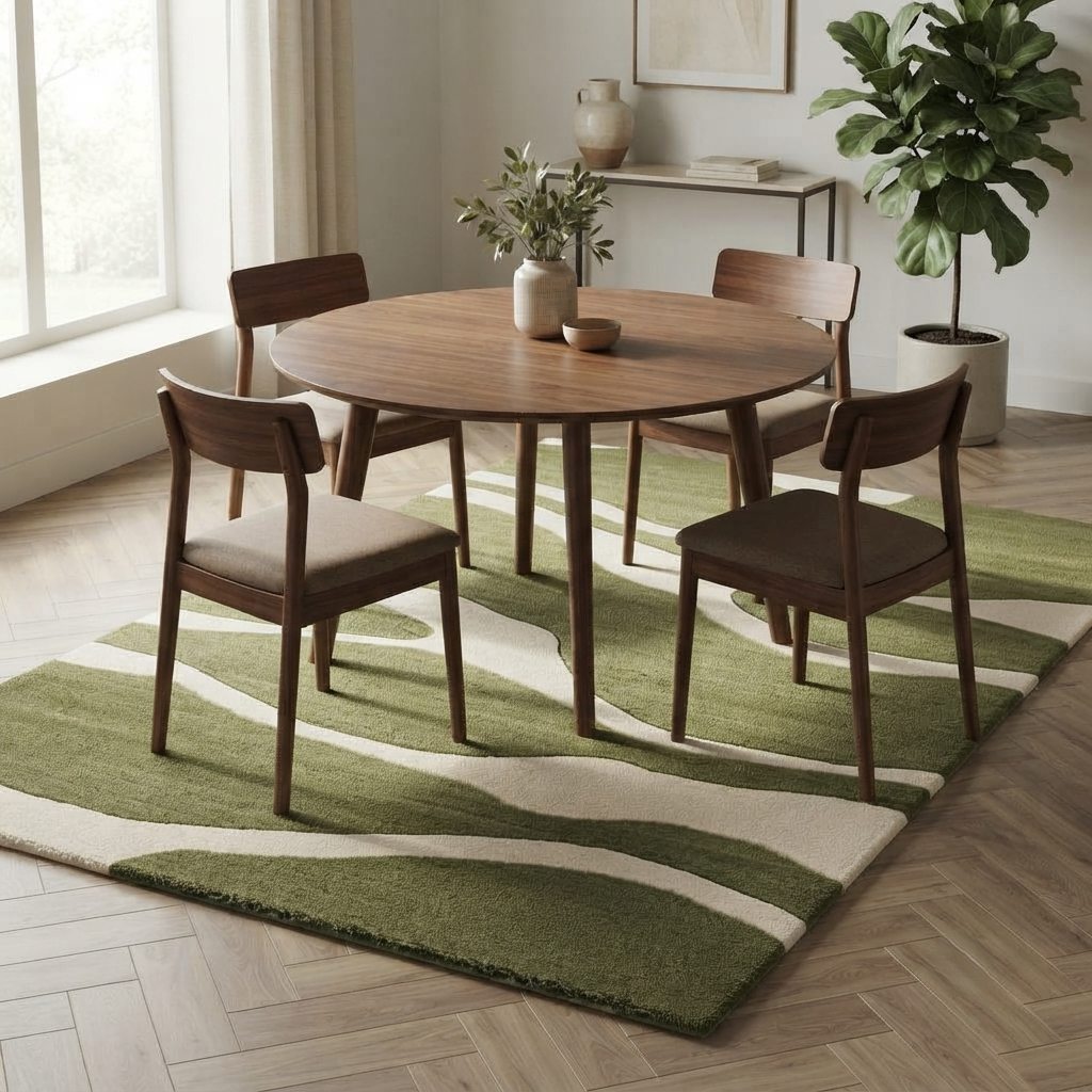 Olive Green & Cream Abstract Wave Rug | Hand-Tufted Wool