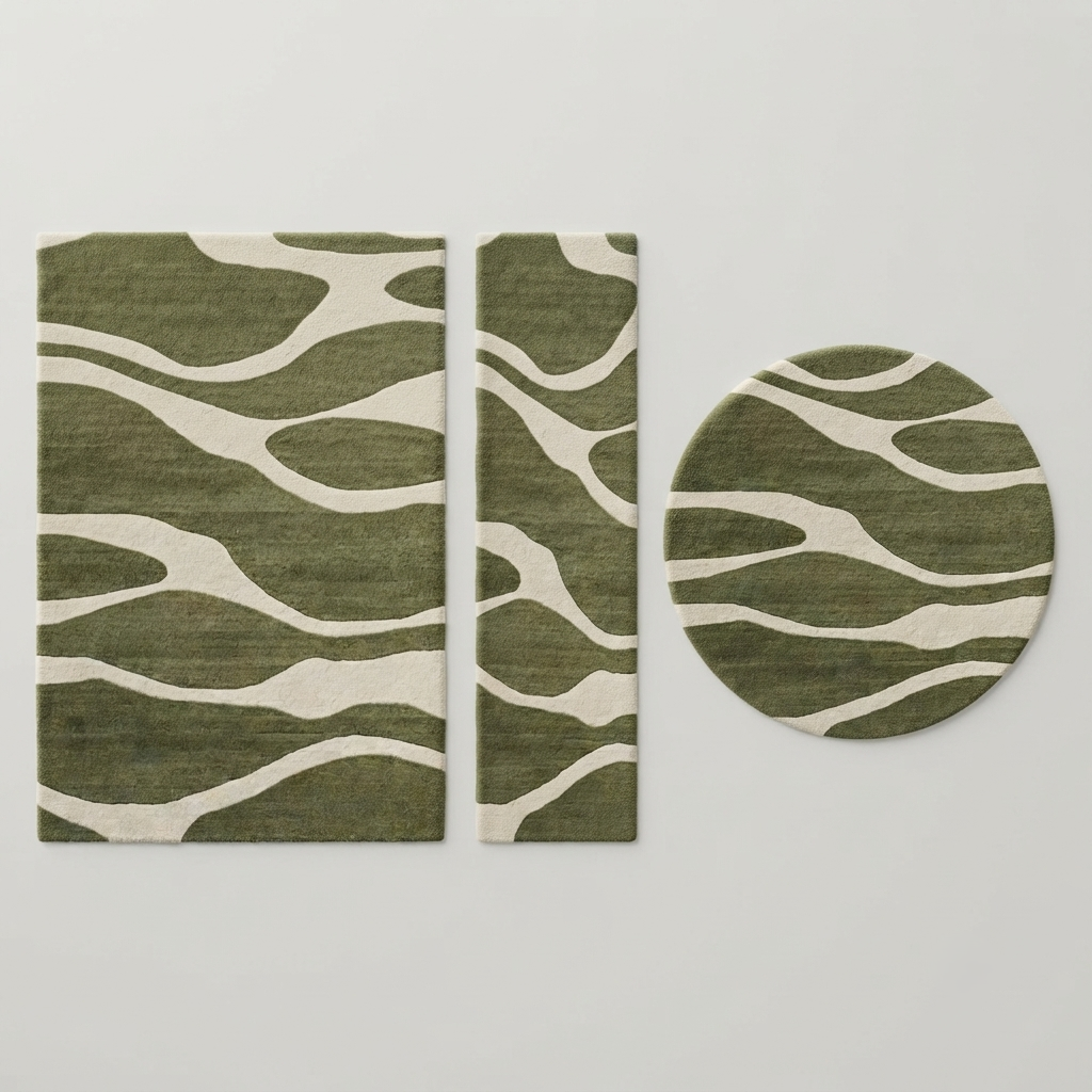 Olive Green & Cream Abstract Wave Rug | Hand-Tufted Wool