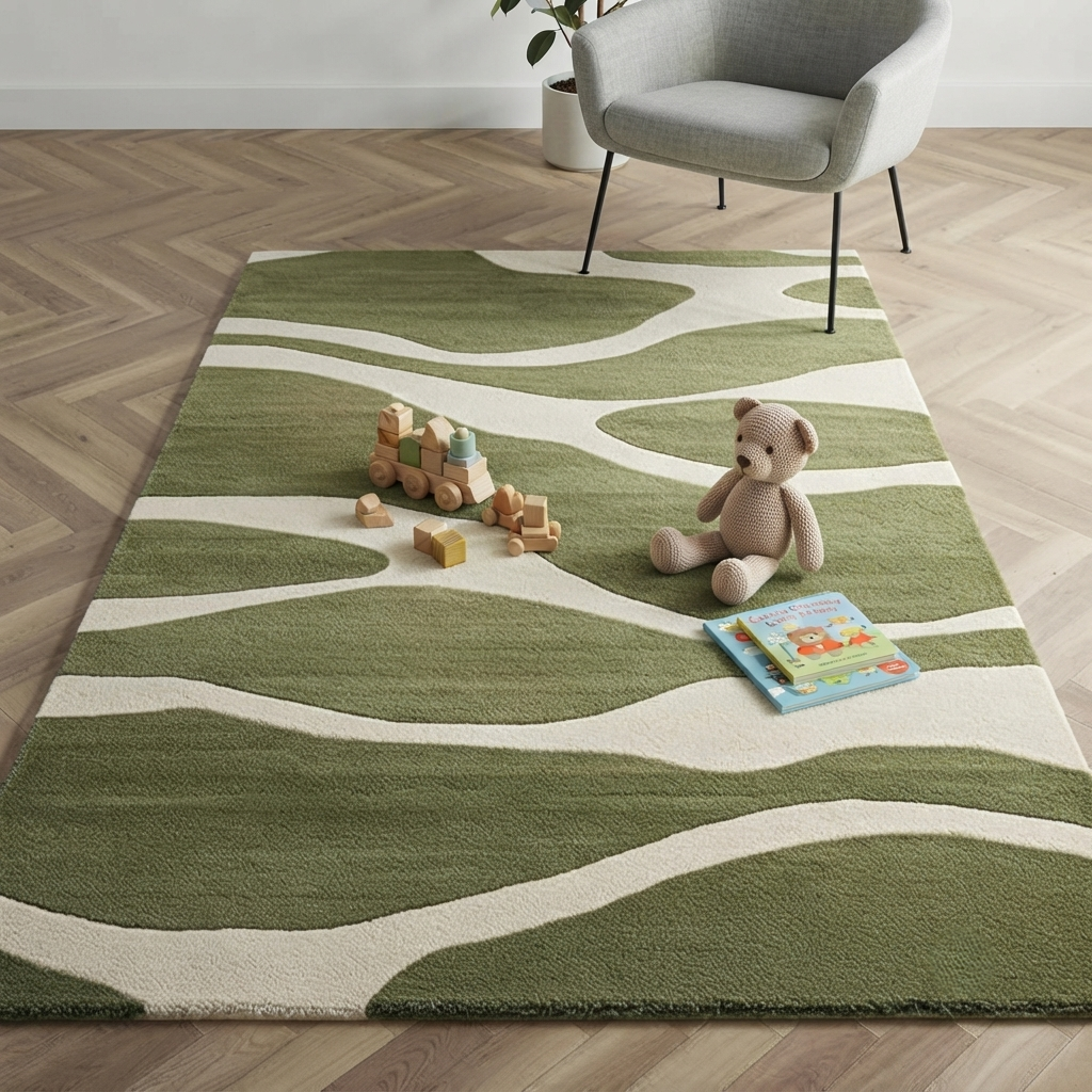 Olive Green & Cream Abstract Wave Rug | Hand-Tufted Wool