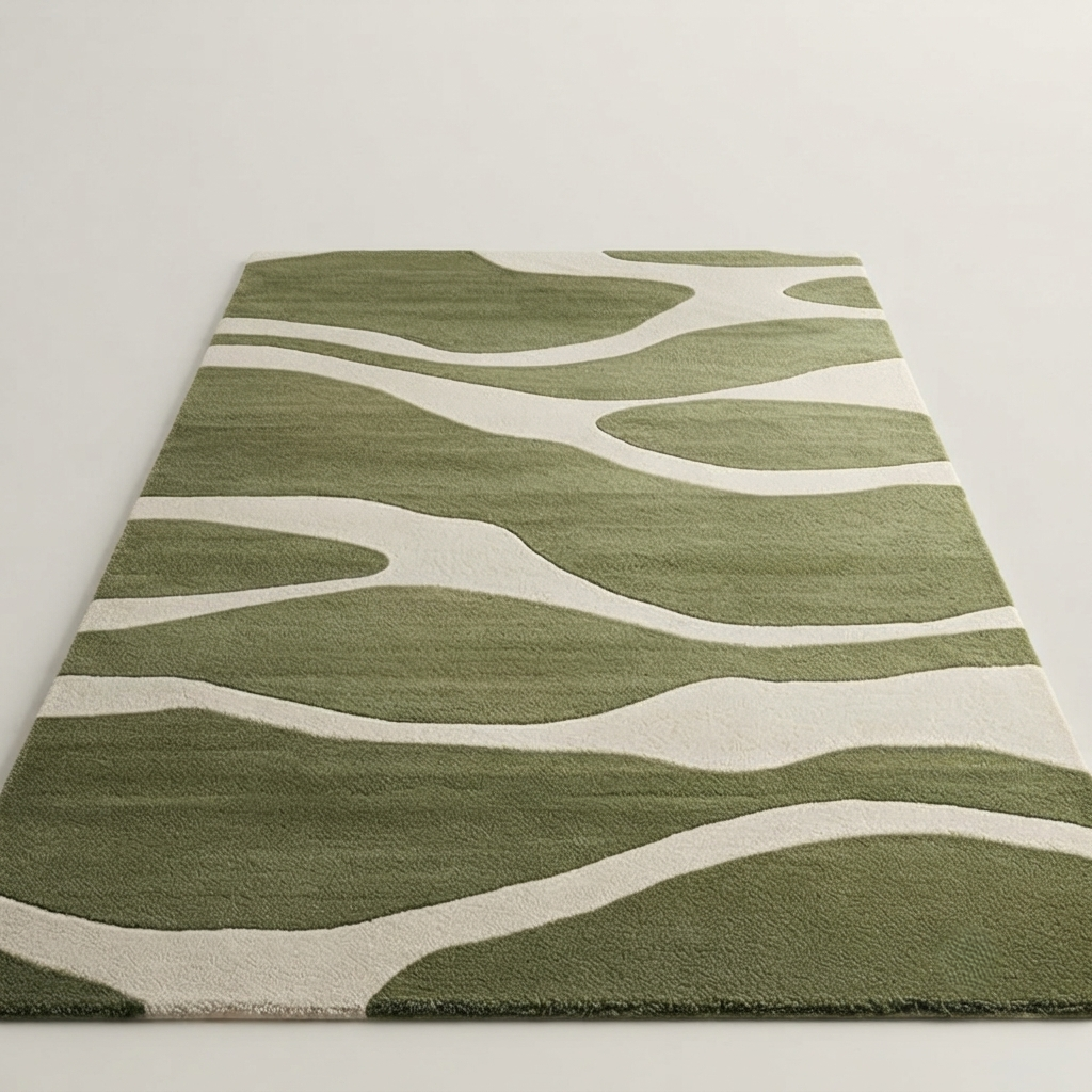 Olive Green & Cream Abstract Wave Rug | Hand-Tufted Wool