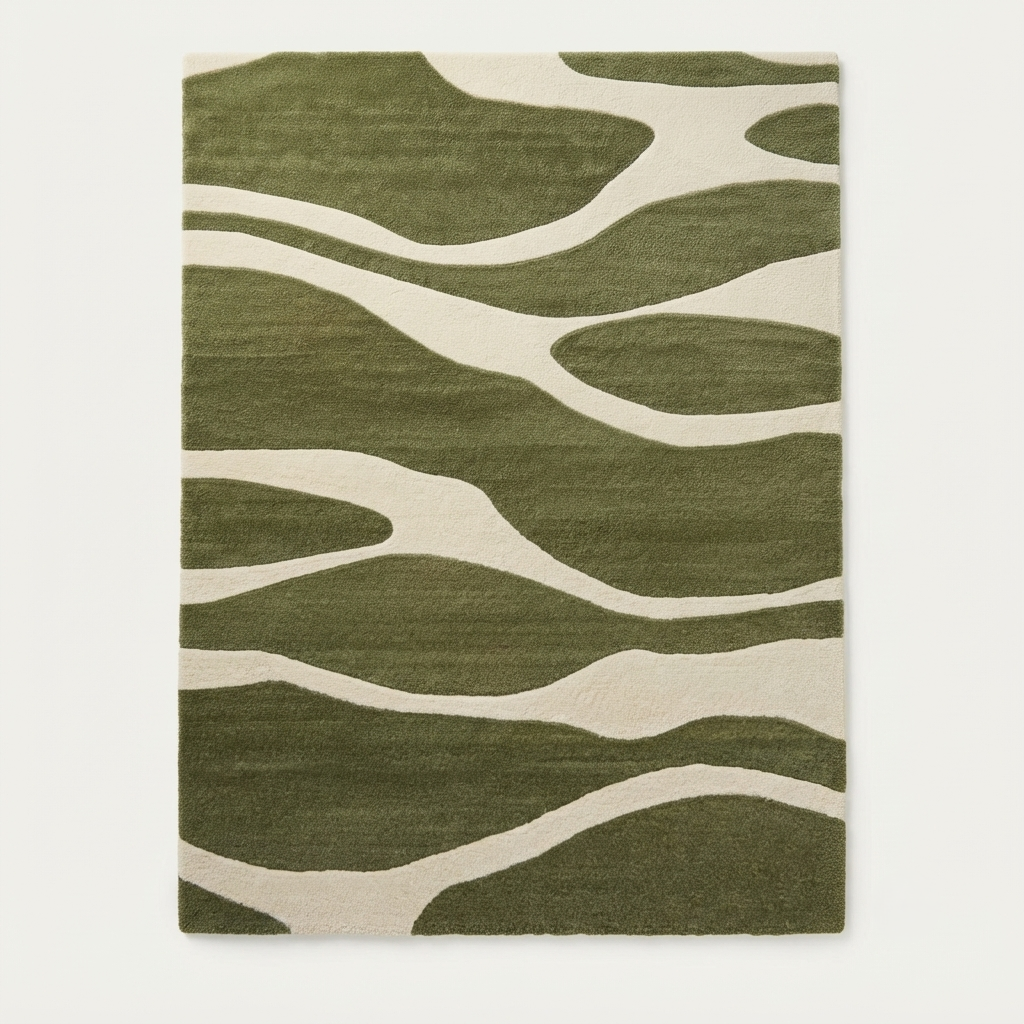 Olive Green & Cream Abstract Wave Rug | Hand-Tufted Wool