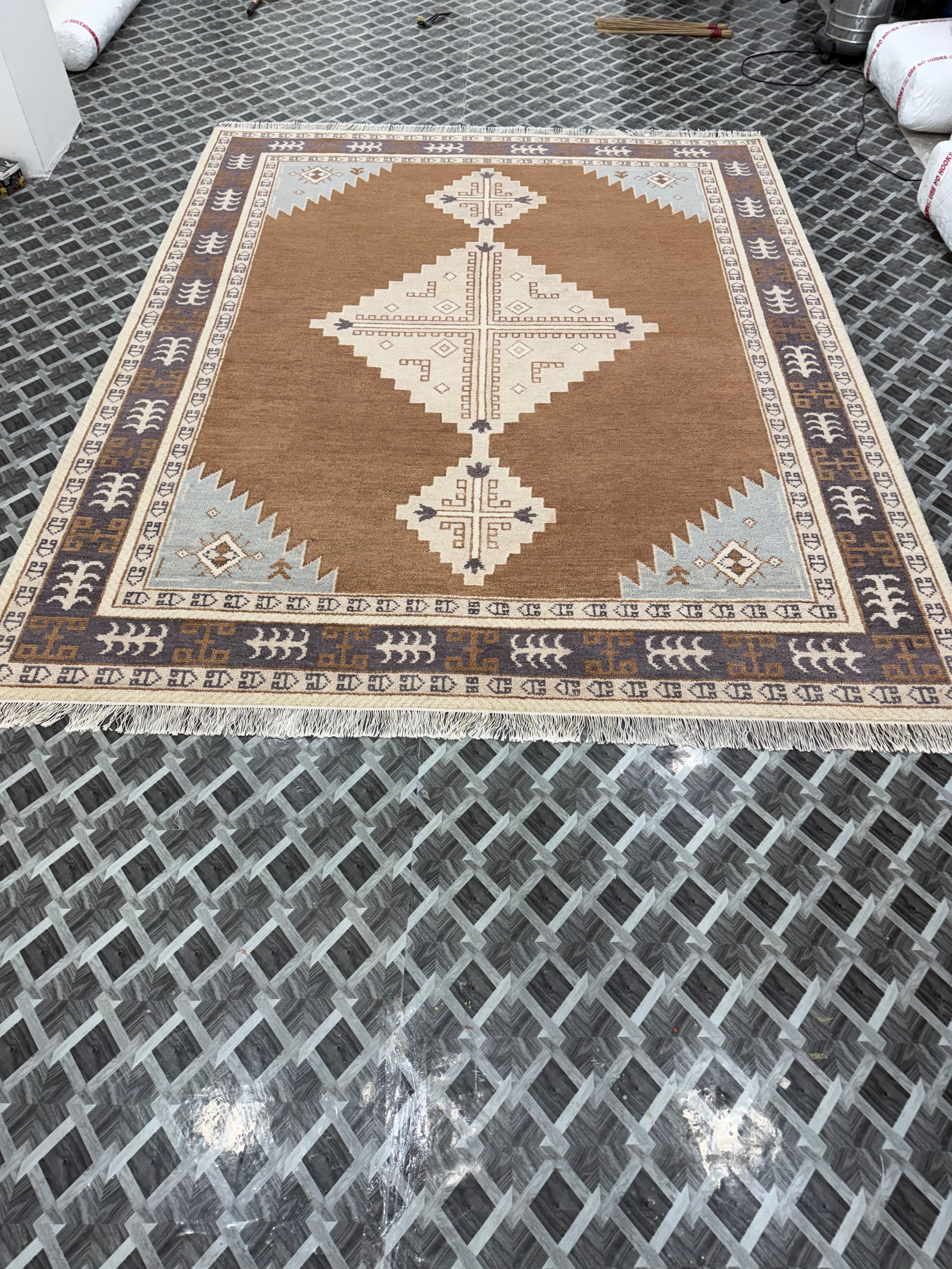 Hand Knotted Rug | Vintage Tribal Area Rug | Boho Geometric Carpet | Brown Cream Blue Rug | Persian Style Home Decor | Traditional Rug