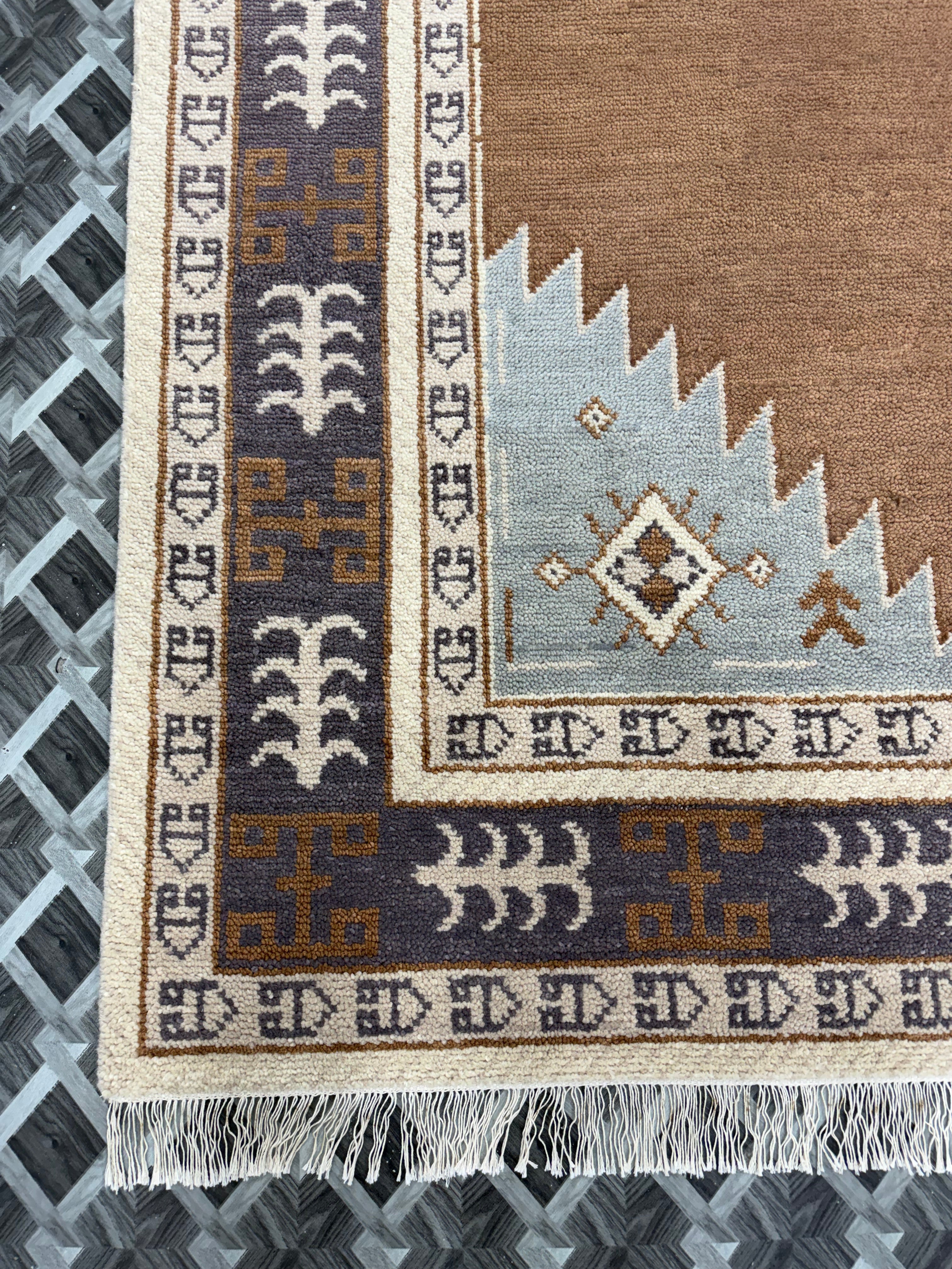 Hand Knotted Rug | Vintage Tribal Area Rug | Boho Geometric Carpet | Brown Cream Blue Rug | Persian Style Home Decor | Traditional Rug