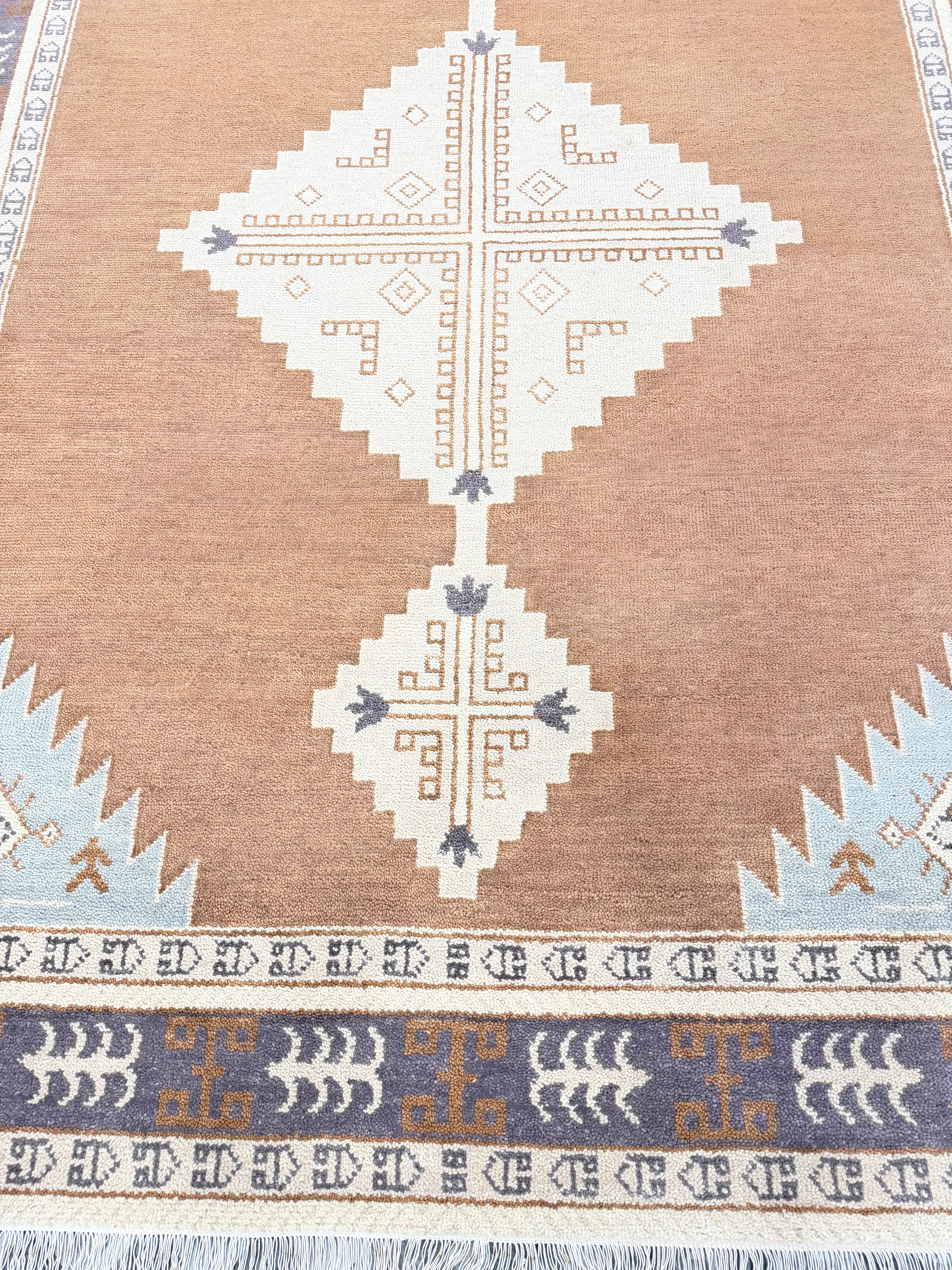 Hand Knotted Rug | Vintage Tribal Area Rug | Boho Geometric Carpet | Brown Cream Blue Rug | Persian Style Home Decor | Traditional Rug