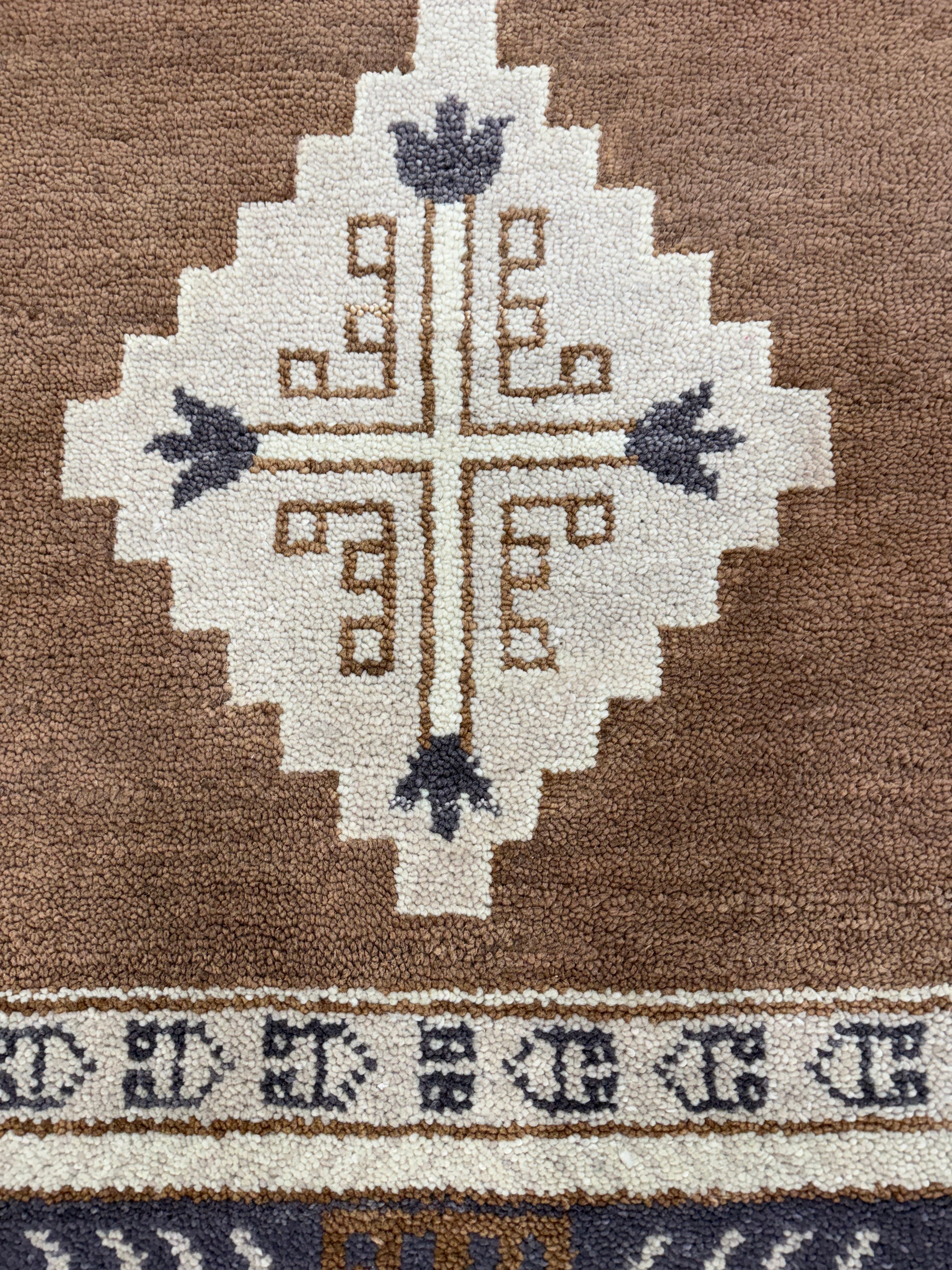 Hand Knotted Rug | Vintage Tribal Area Rug | Boho Geometric Carpet | Brown Cream Blue Rug | Persian Style Home Decor | Traditional Rug