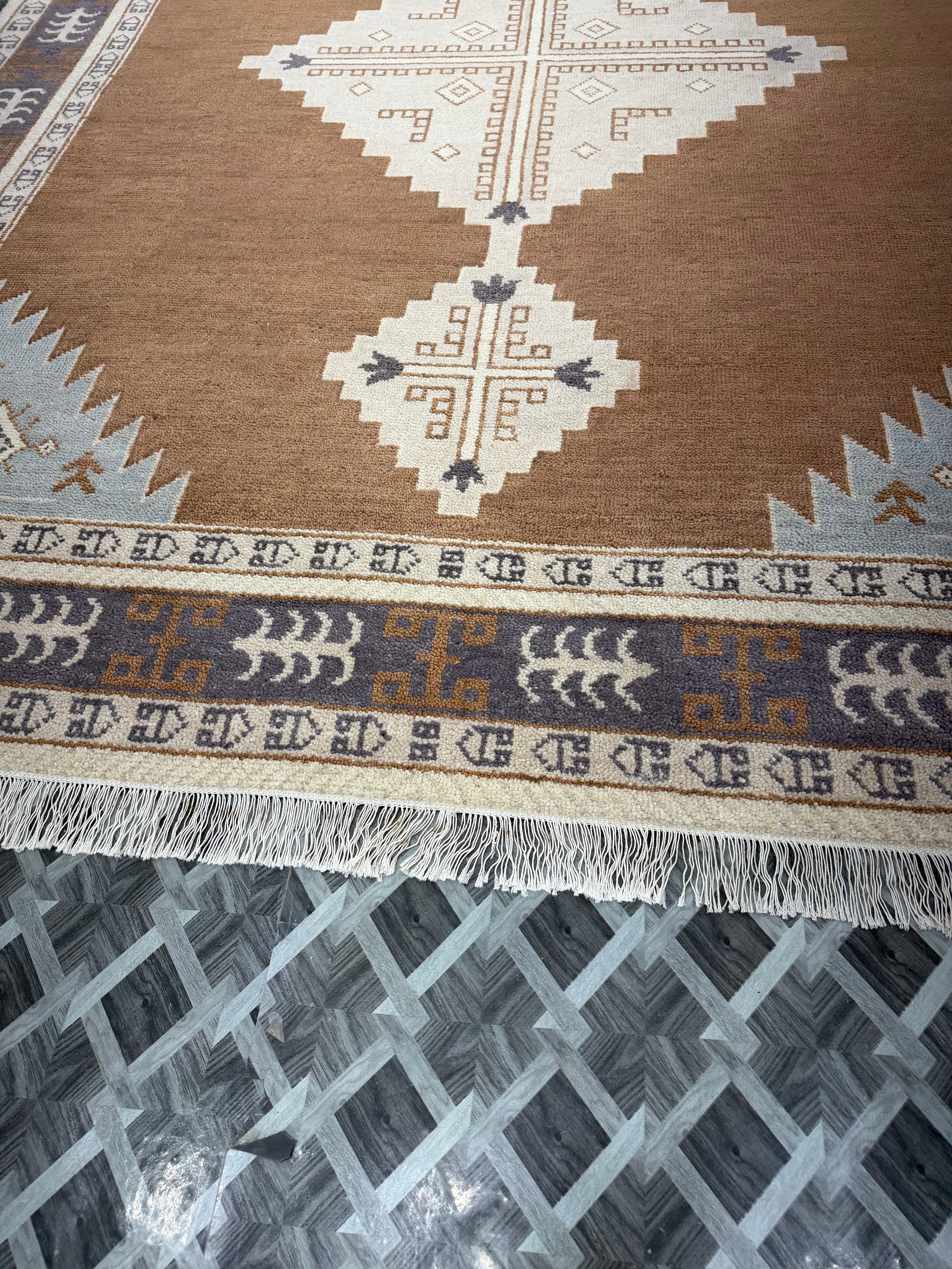 Hand Knotted Rug | Vintage Tribal Area Rug | Boho Geometric Carpet | Brown Cream Blue Rug | Persian Style Home Decor | Traditional Rug