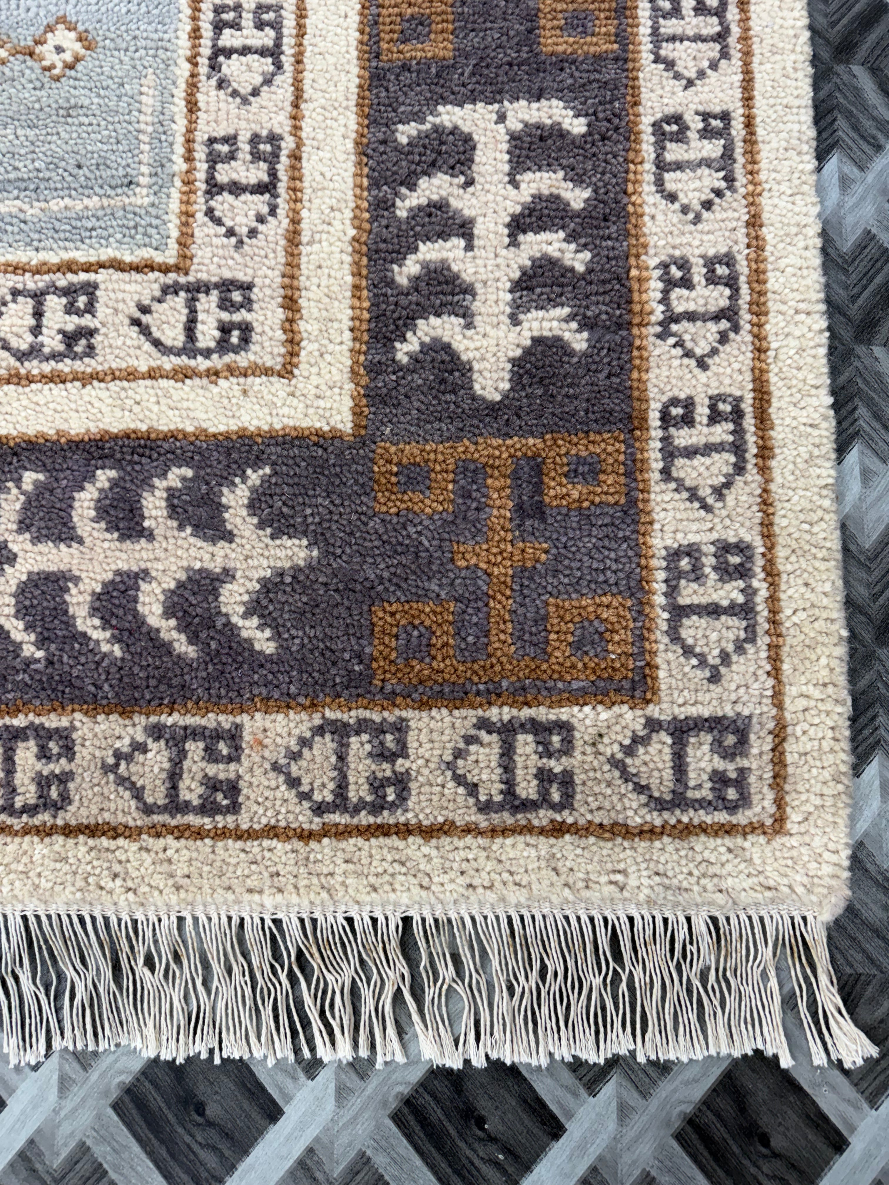 Hand Knotted Rug | Vintage Tribal Area Rug | Boho Geometric Carpet | Brown Cream Blue Rug | Persian Style Home Decor | Traditional Rug