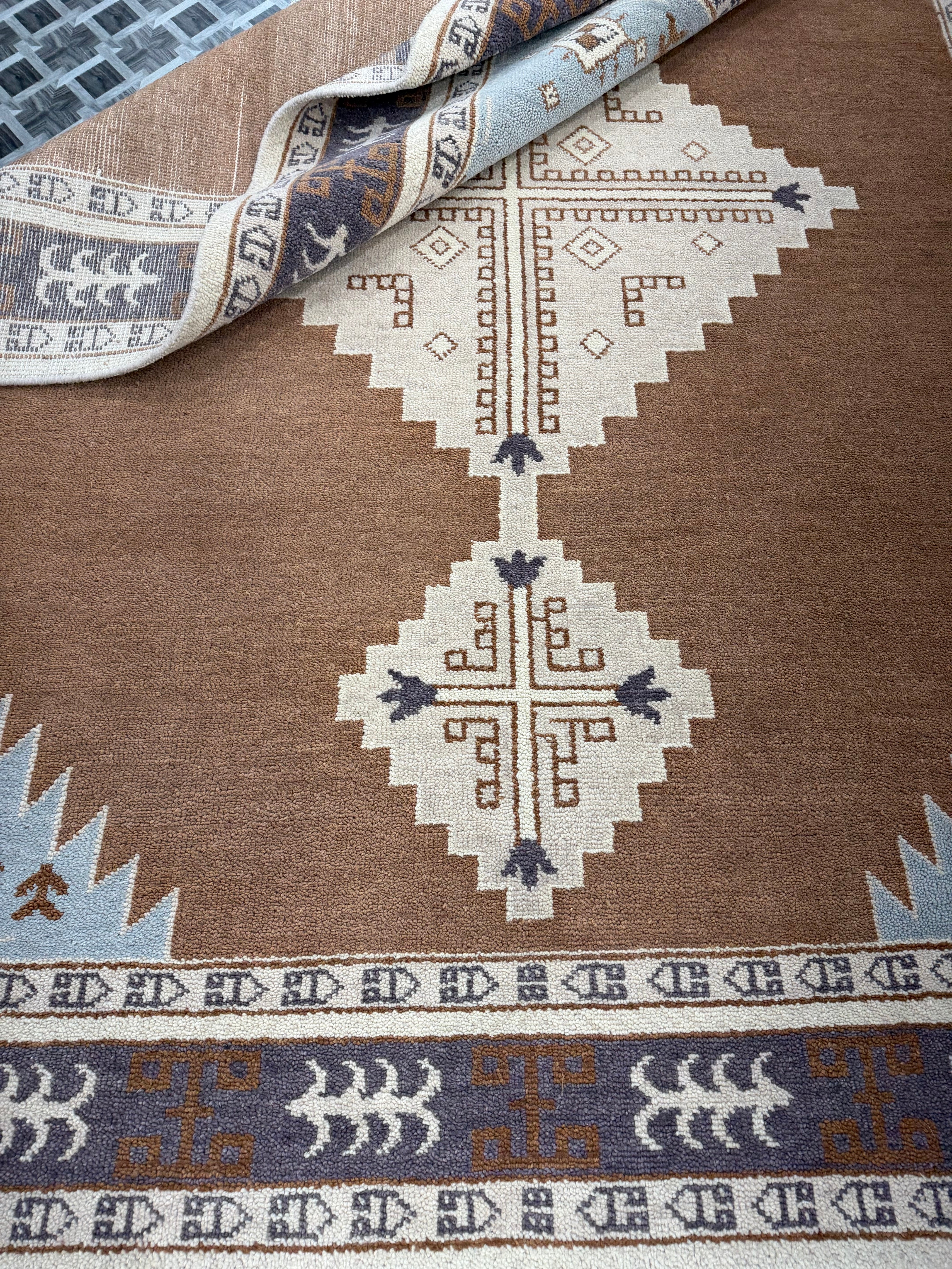 Hand Knotted Rug | Vintage Tribal Area Rug | Boho Geometric Carpet | Brown Cream Blue Rug | Persian Style Home Decor | Traditional Rug