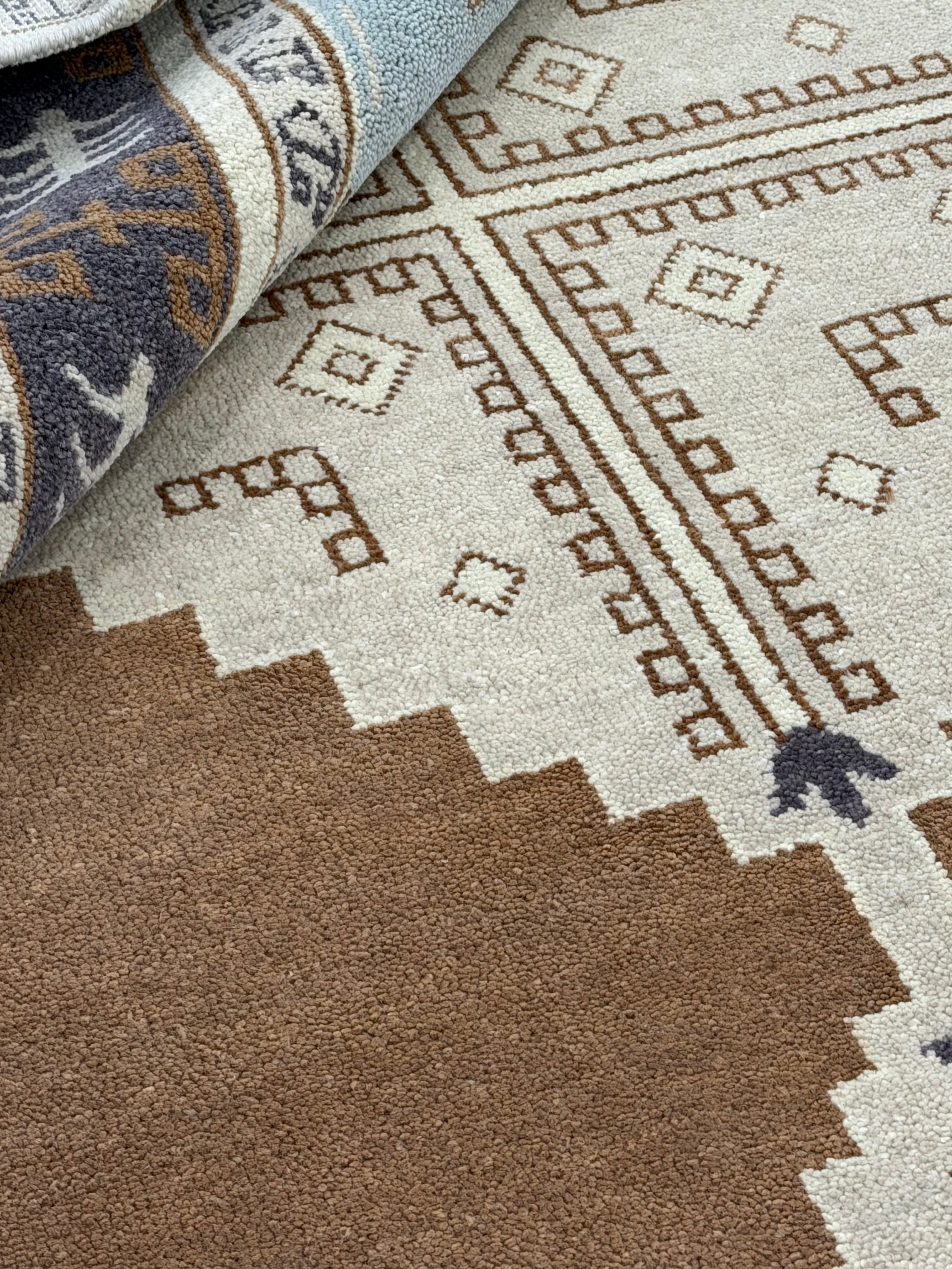Hand Knotted Rug | Vintage Tribal Area Rug | Boho Geometric Carpet | Brown Cream Blue Rug | Persian Style Home Decor | Traditional Rug