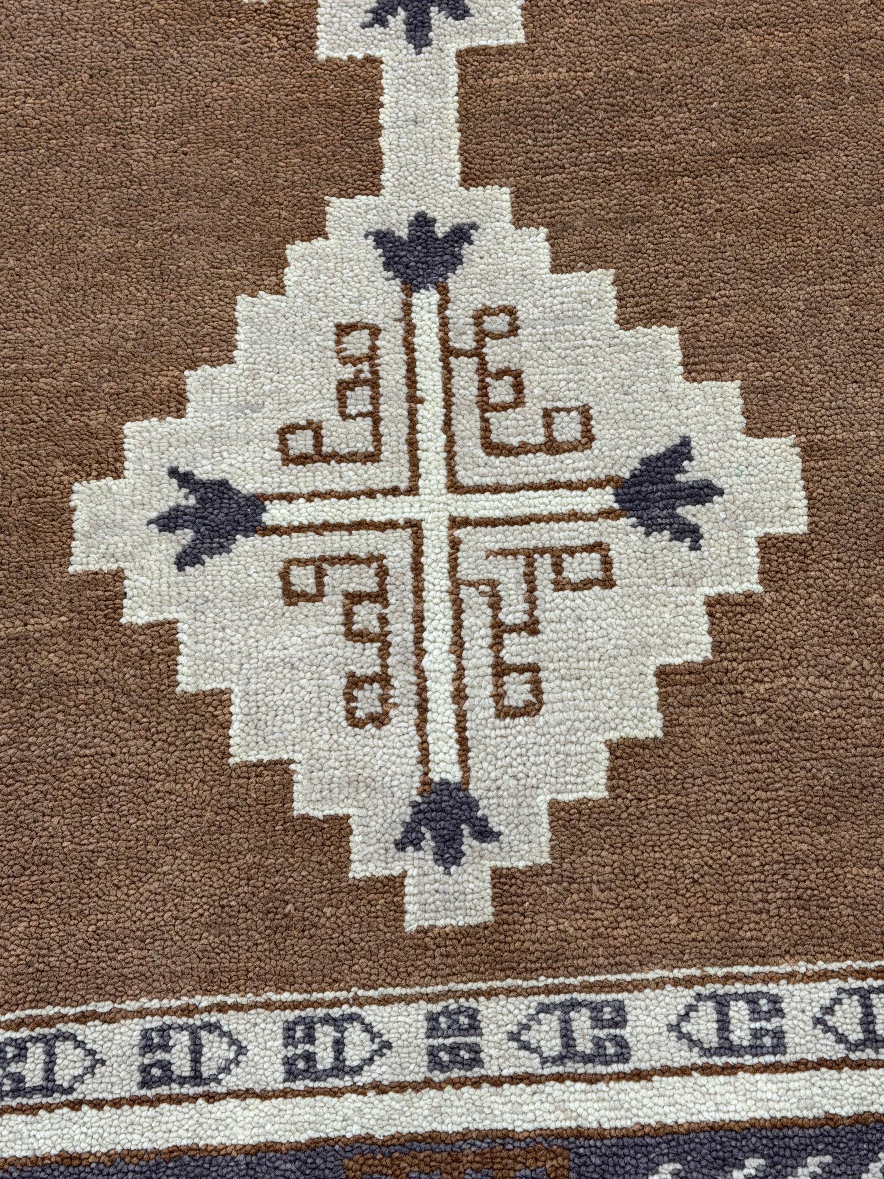 Hand Knotted Rug | Vintage Tribal Area Rug | Boho Geometric Carpet | Brown Cream Blue Rug | Persian Style Home Decor | Traditional Rug