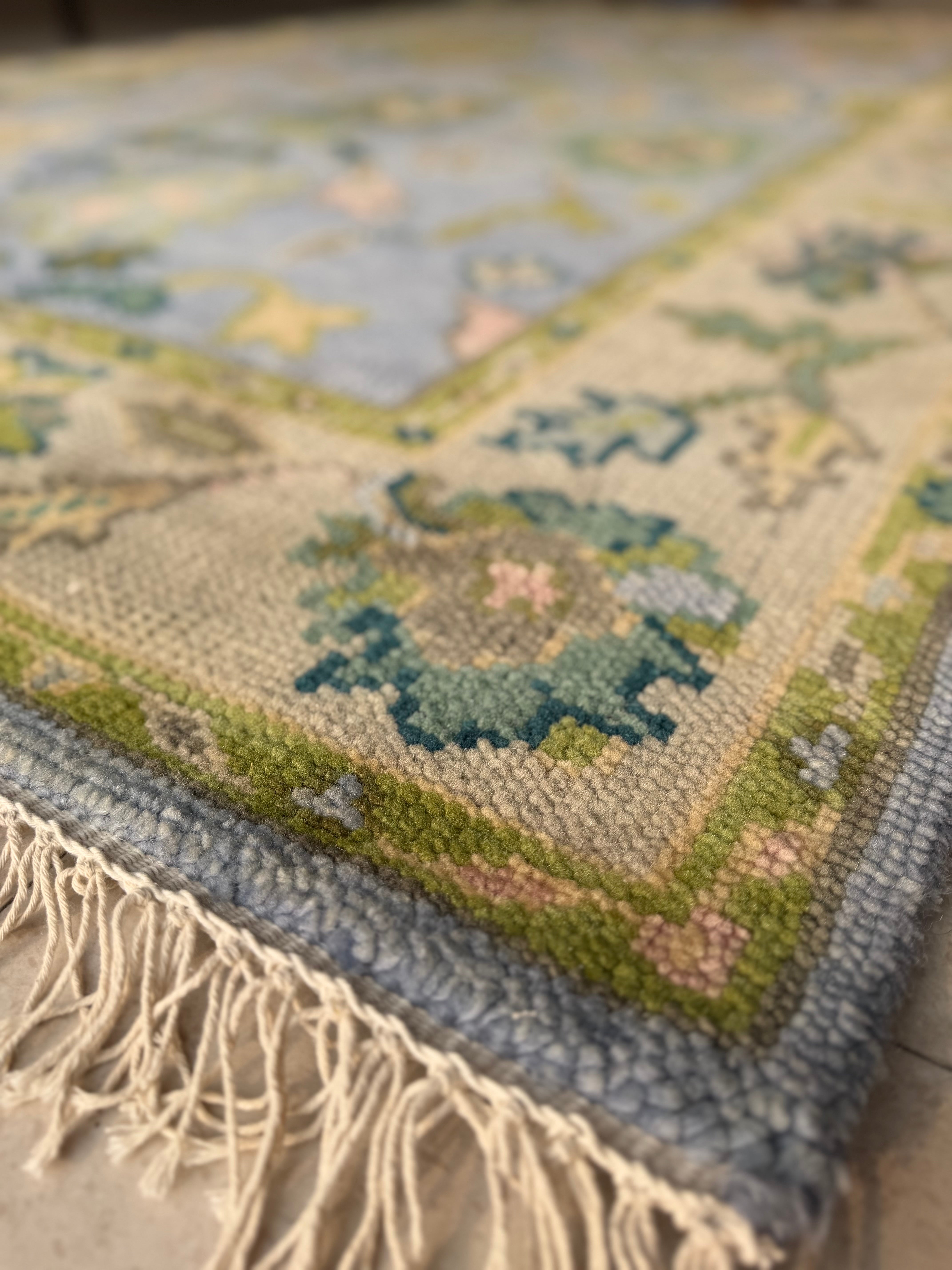 Vintage Floral Wool Rug, Handmade Knotted Area Rug, Blue Green Traditional Carpet, Cottagecore Rug, Persian Style Home Decor