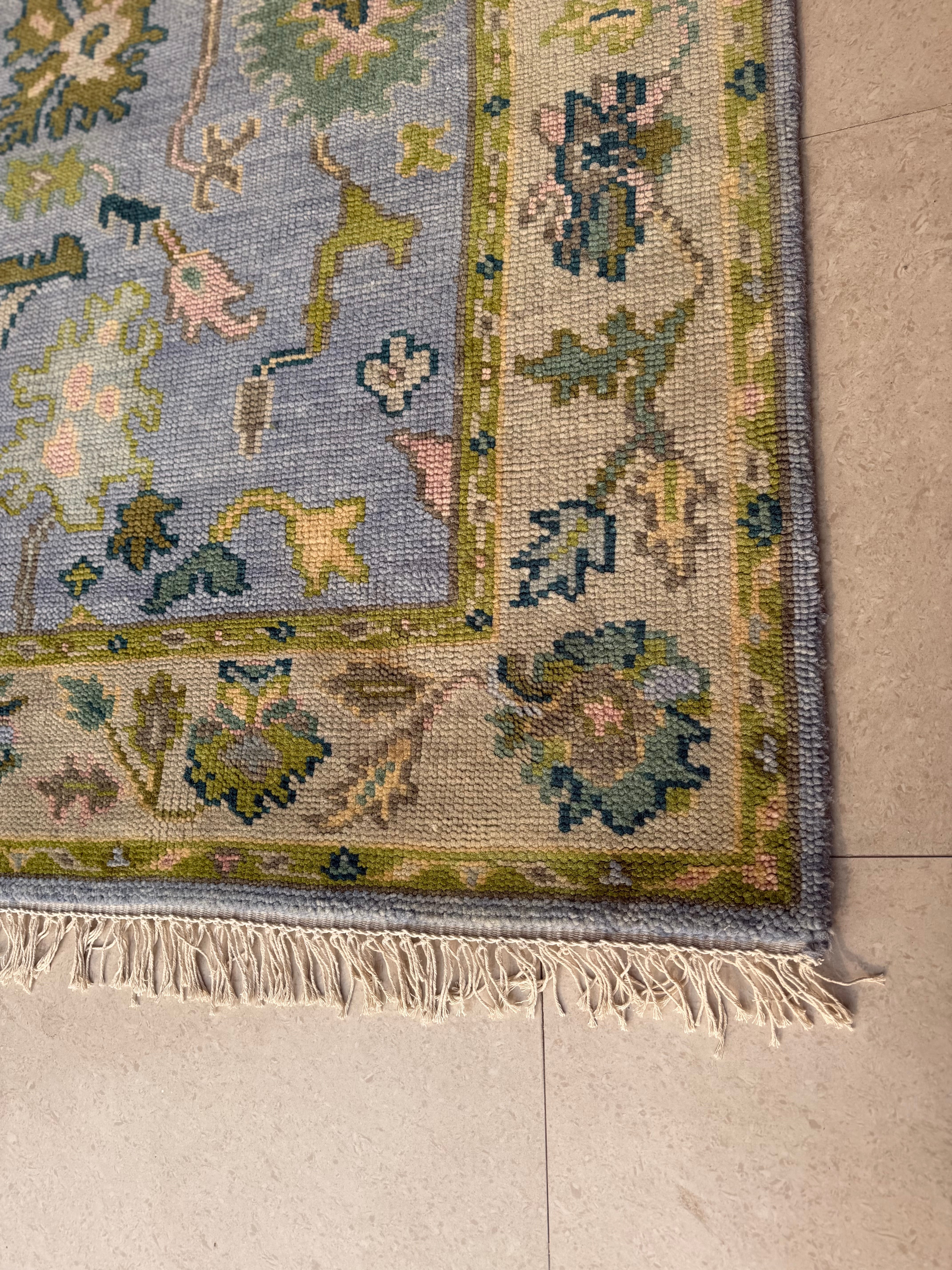 Vintage Floral Wool Rug, Handmade Knotted Area Rug, Blue Green Traditional Carpet, Cottagecore Rug, Persian Style Home Decor