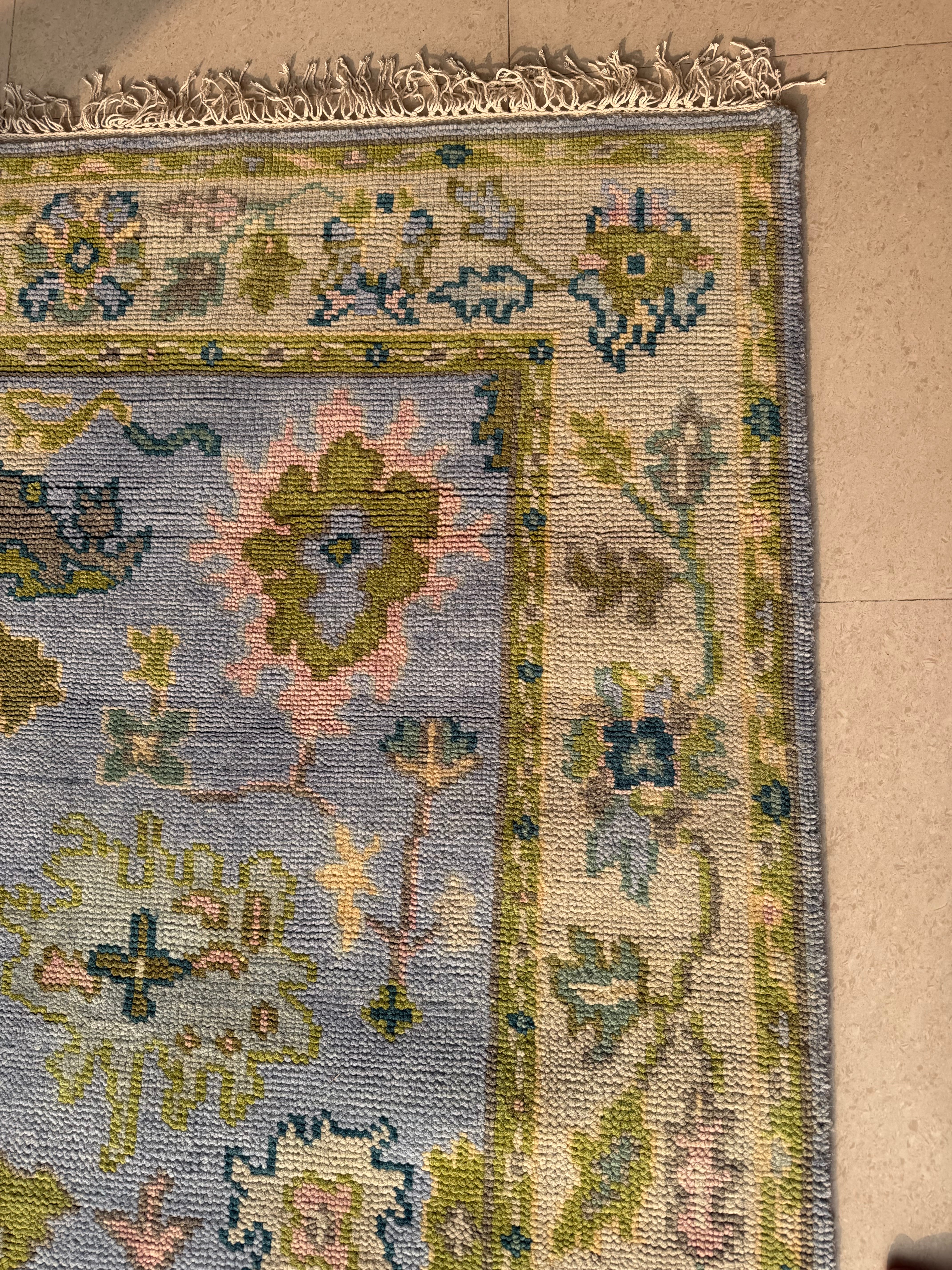 Vintage Floral Wool Rug, Handmade Knotted Area Rug, Blue Green Traditional Carpet, Cottagecore Rug, Persian Style Home Decor