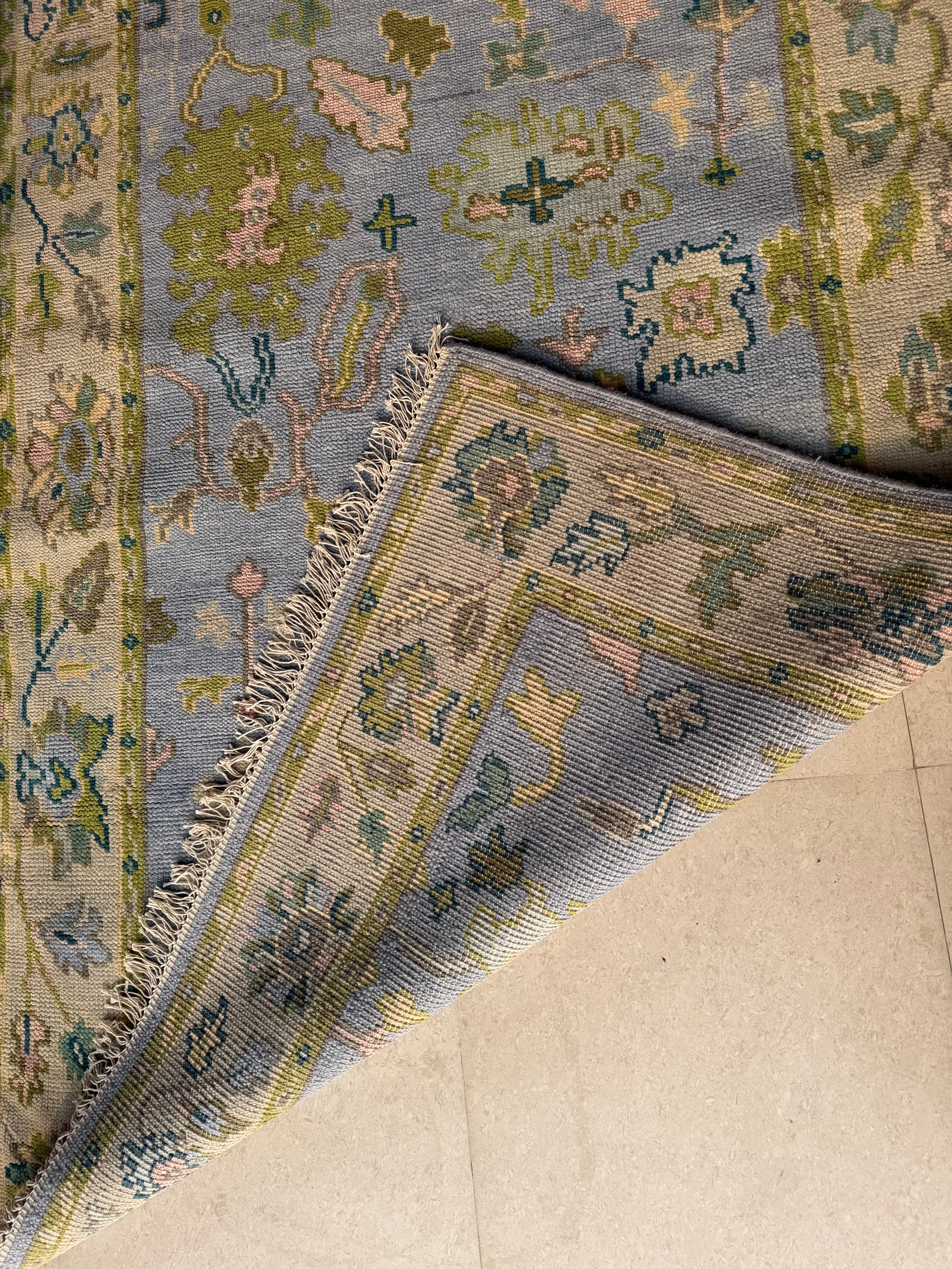 Vintage Floral Wool Rug, Handmade Knotted Area Rug, Blue Green Traditional Carpet, Cottagecore Rug, Persian Style Home Decor