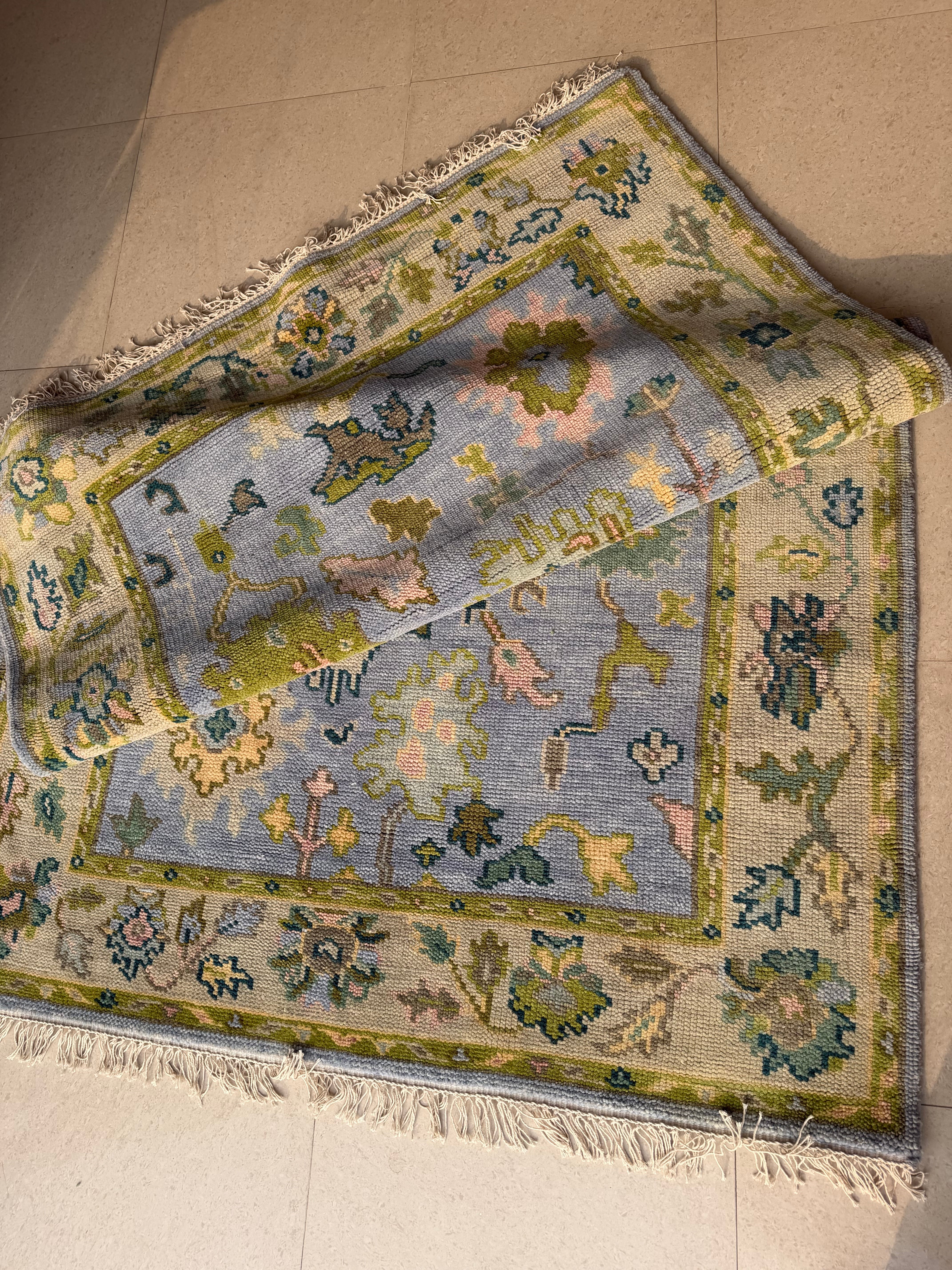 Vintage Floral Wool Rug, Handmade Knotted Area Rug, Blue Green Traditional Carpet, Cottagecore Rug, Persian Style Home Decor