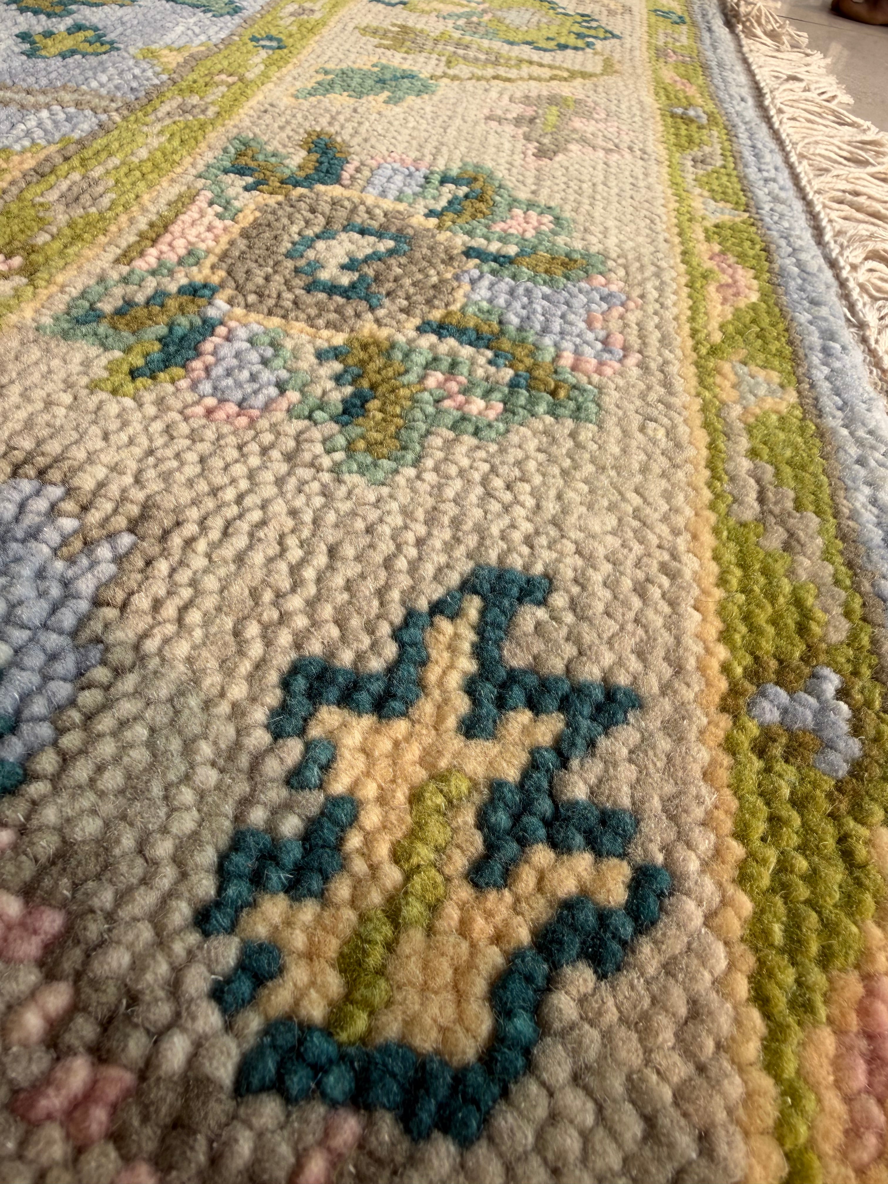 Vintage Floral Wool Rug, Handmade Knotted Area Rug, Blue Green Traditional Carpet, Cottagecore Rug, Persian Style Home Decor