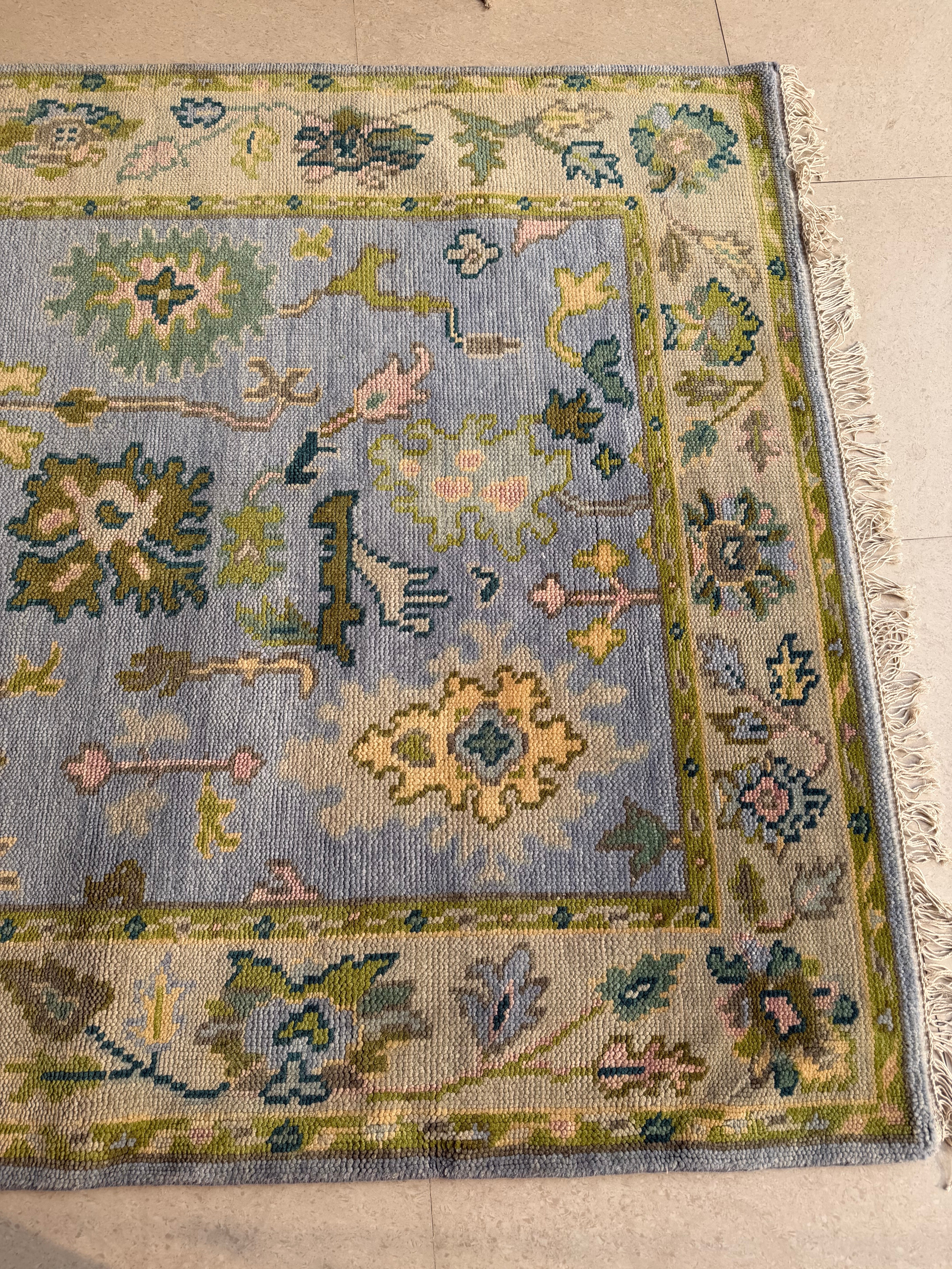 Vintage Floral Wool Rug, Handmade Knotted Area Rug, Blue Green Traditional Carpet, Cottagecore Rug, Persian Style Home Decor