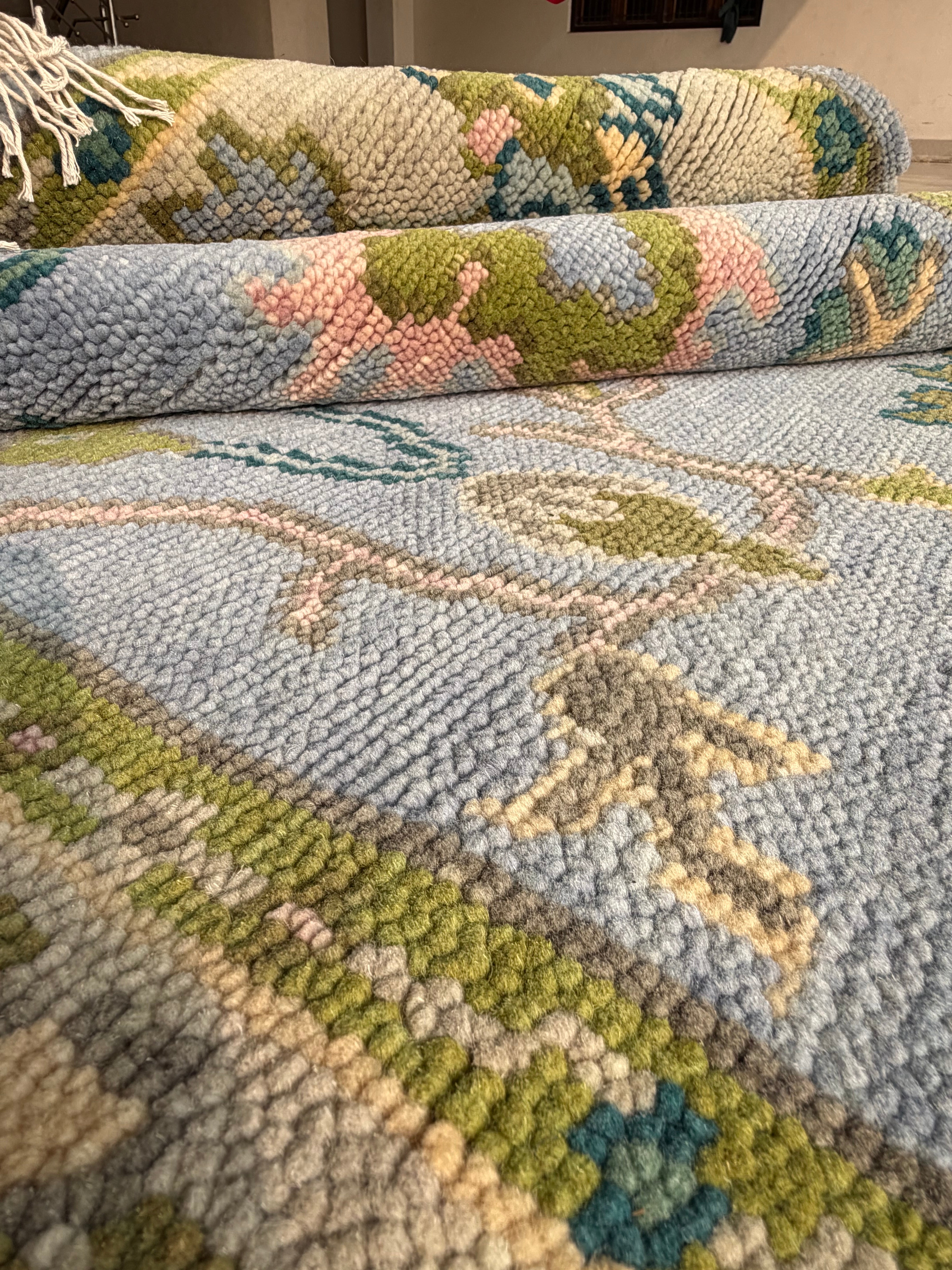 Vintage Floral Wool Rug, Handmade Knotted Area Rug, Blue Green Traditional Carpet, Cottagecore Rug, Persian Style Home Decor