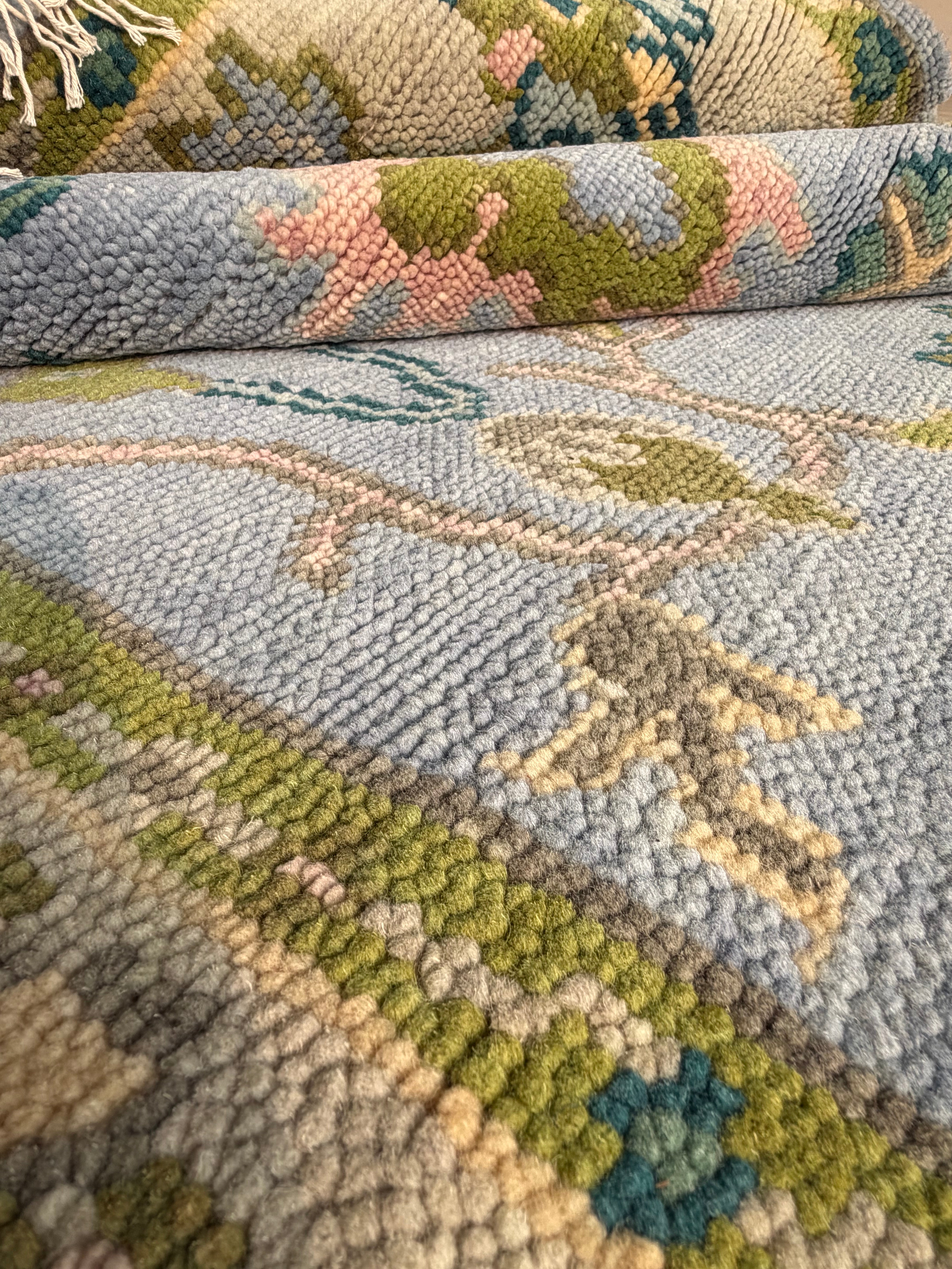 Vintage Floral Wool Rug, Handmade Knotted Area Rug, Blue Green Traditional Carpet, Cottagecore Rug, Persian Style Home Decor