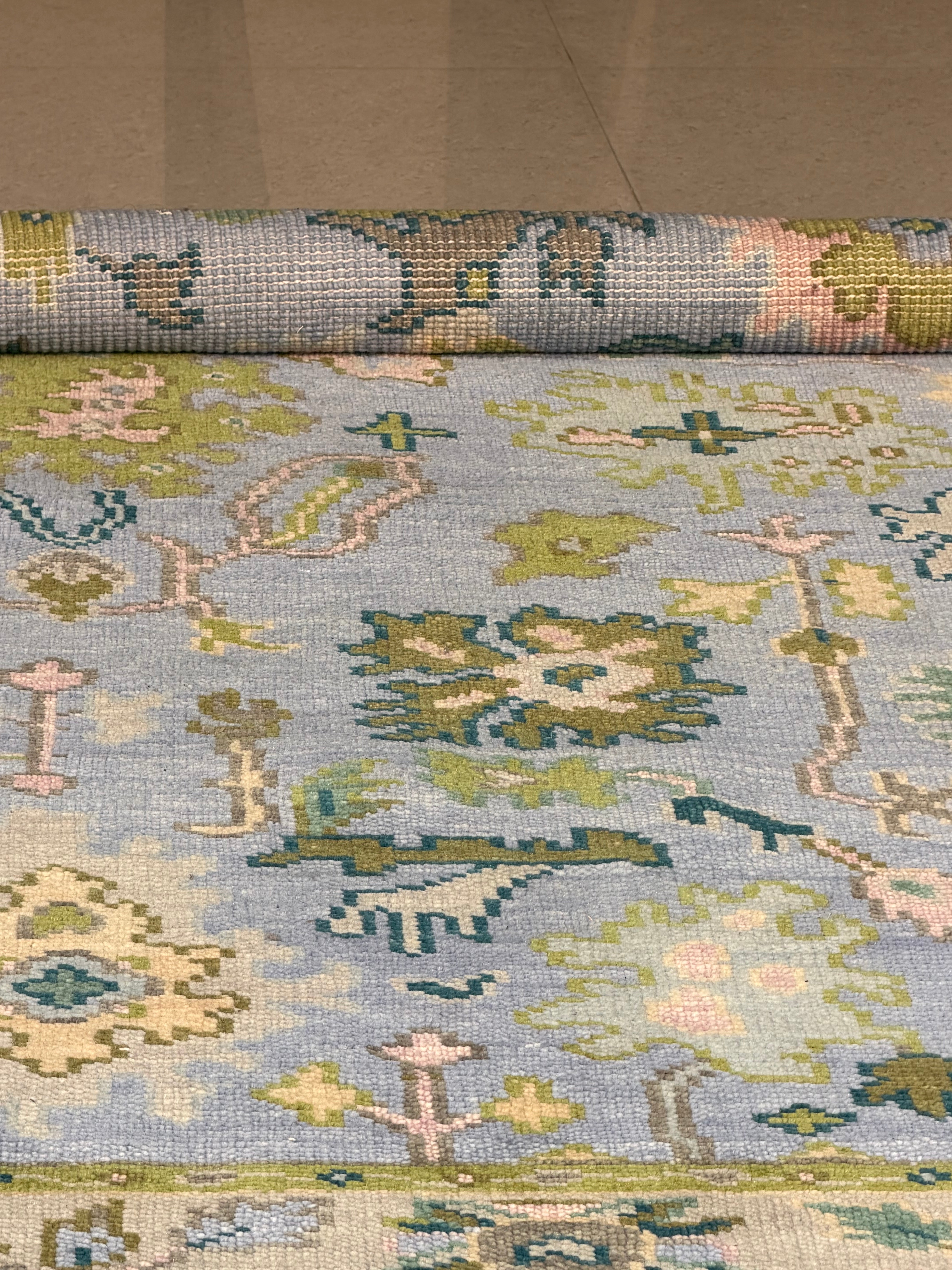 Vintage Floral Wool Rug, Handmade Knotted Area Rug, Blue Green Traditional Carpet, Cottagecore Rug, Persian Style Home Decor