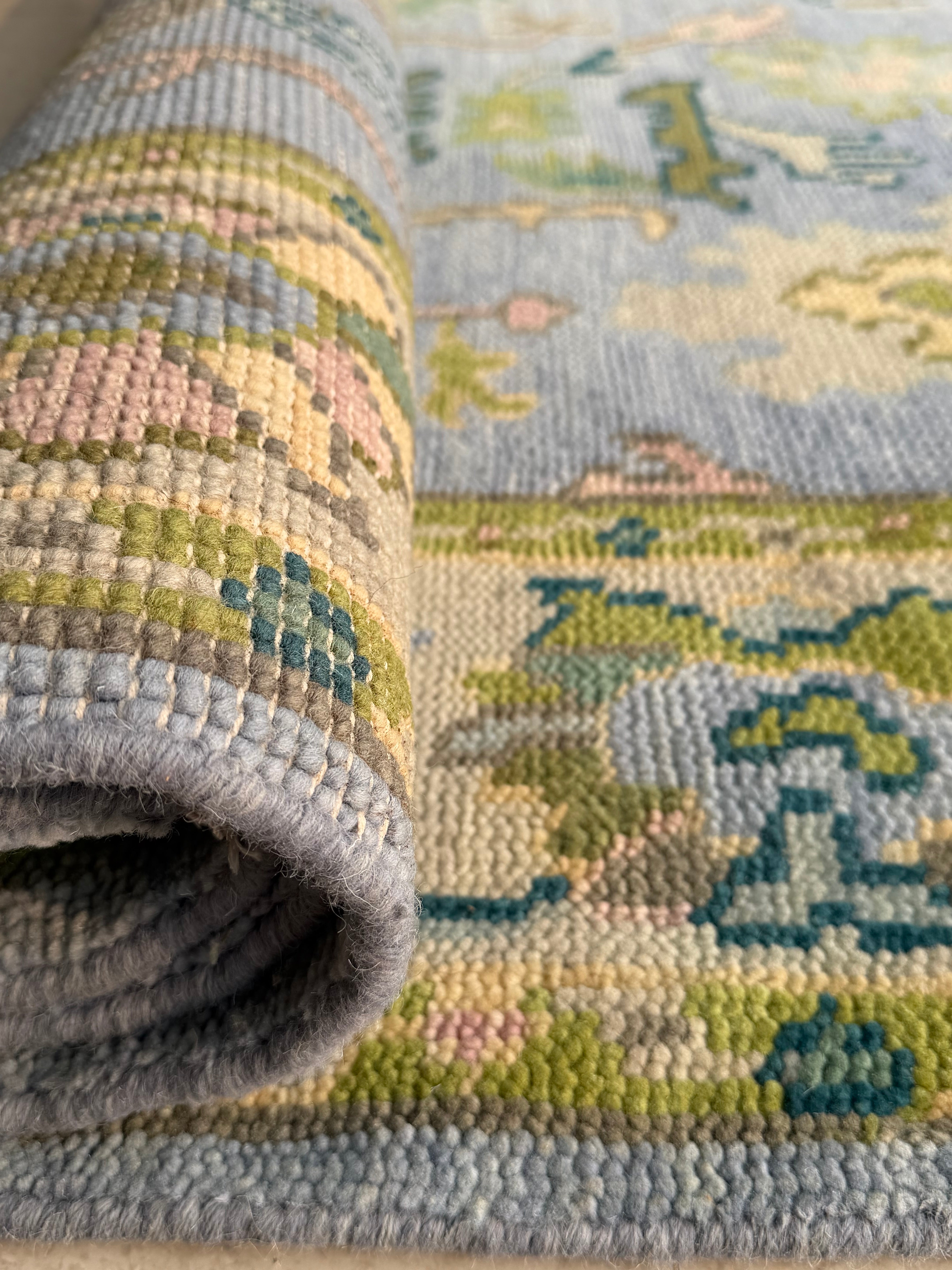Vintage Floral Wool Rug, Handmade Knotted Area Rug, Blue Green Traditional Carpet, Cottagecore Rug, Persian Style Home Decor