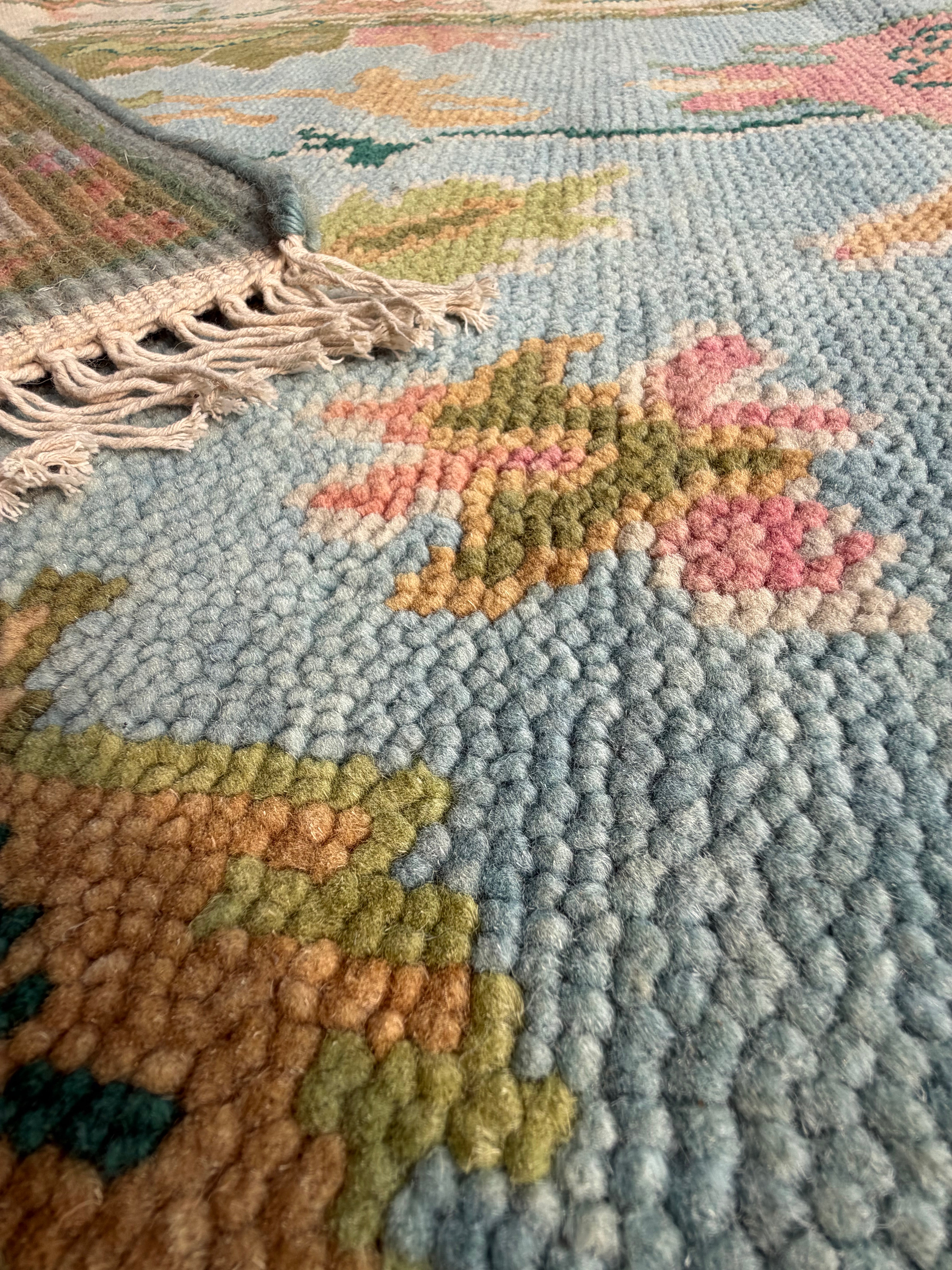 Vintage Floral Wool Rug, Handmade Knotted Area Rug, Blue Green Traditional Carpet, Cottagecore Rug, Persian Style Home Decor