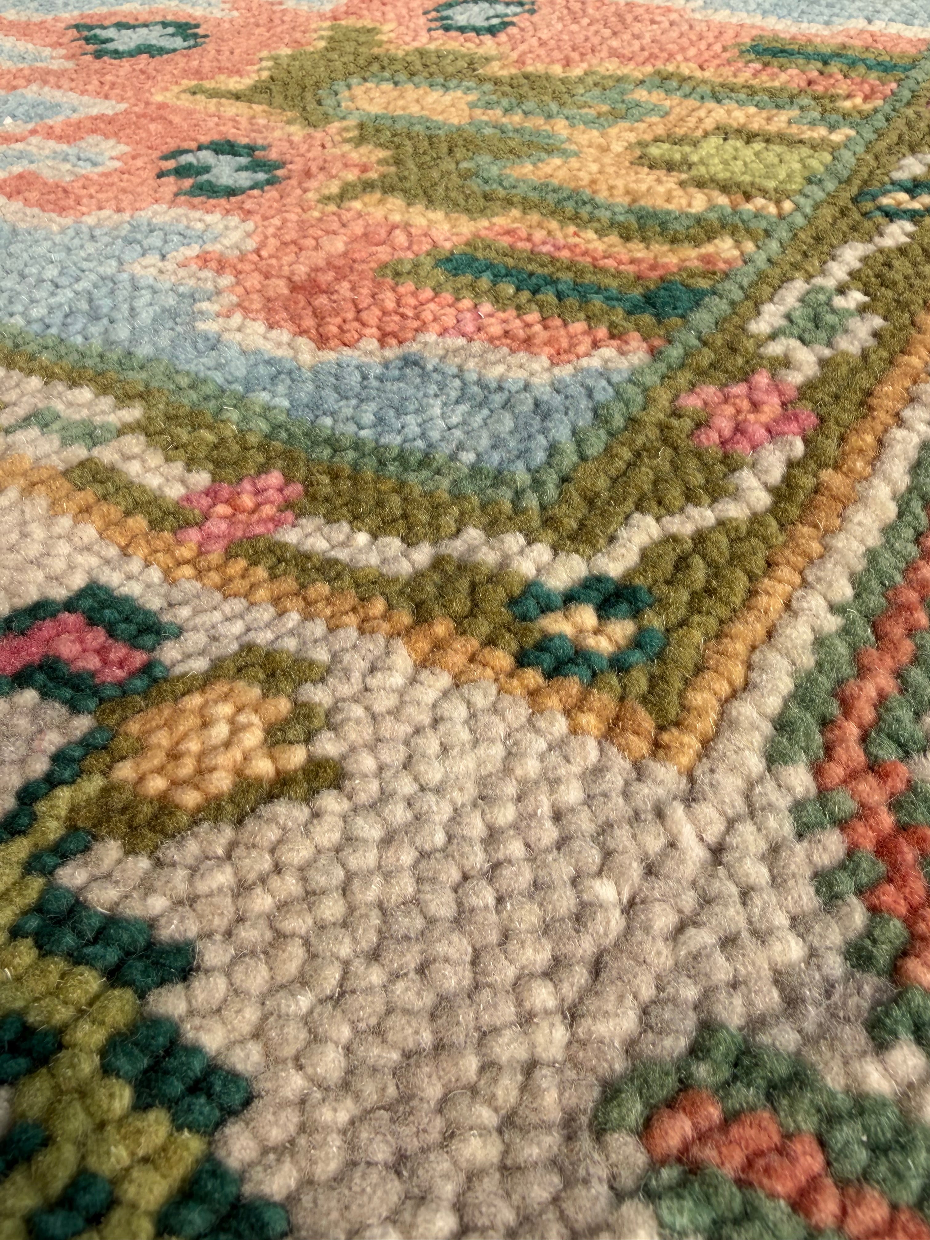 Vintage Floral Wool Rug, Handmade Knotted Area Rug, Blue Green Traditional Carpet, Cottagecore Rug, Persian Style Home Decor