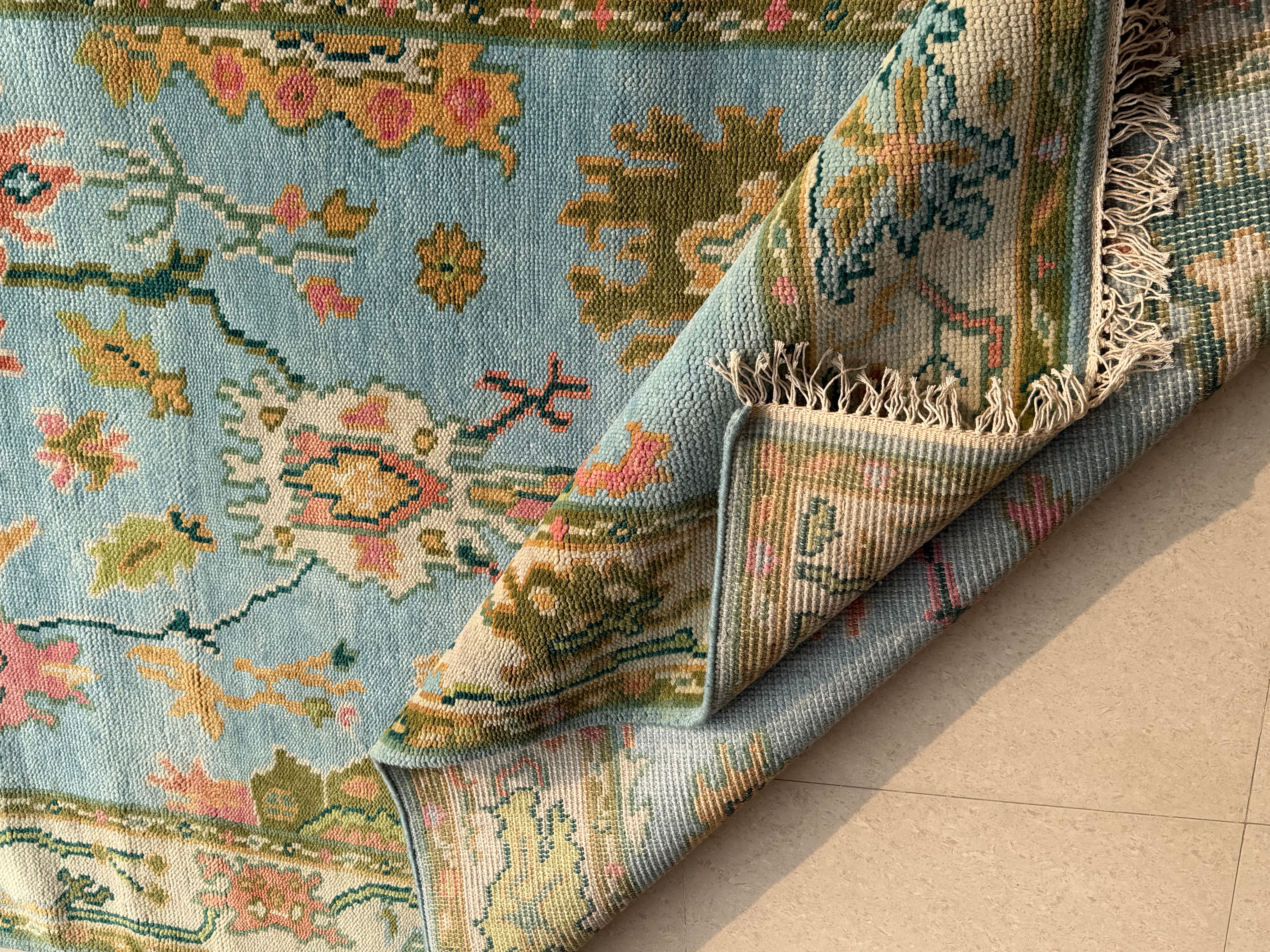 Vintage Floral Wool Rug, Handmade Knotted Area Rug, Blue Green Traditional Carpet, Cottagecore Rug, Persian Style Home Decor