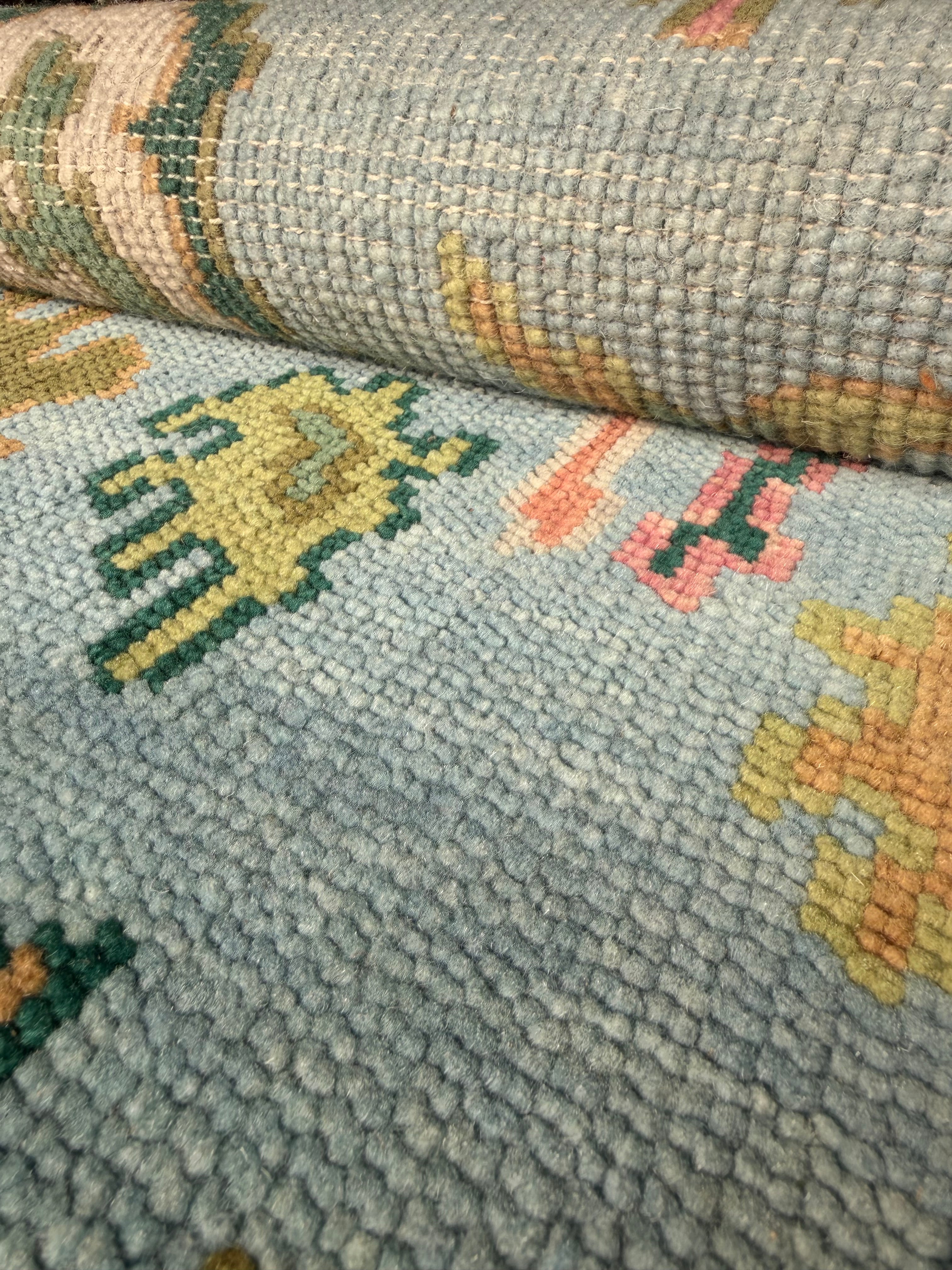 Vintage Floral Wool Rug, Handmade Knotted Area Rug, Blue Green Traditional Carpet, Cottagecore Rug, Persian Style Home Decor