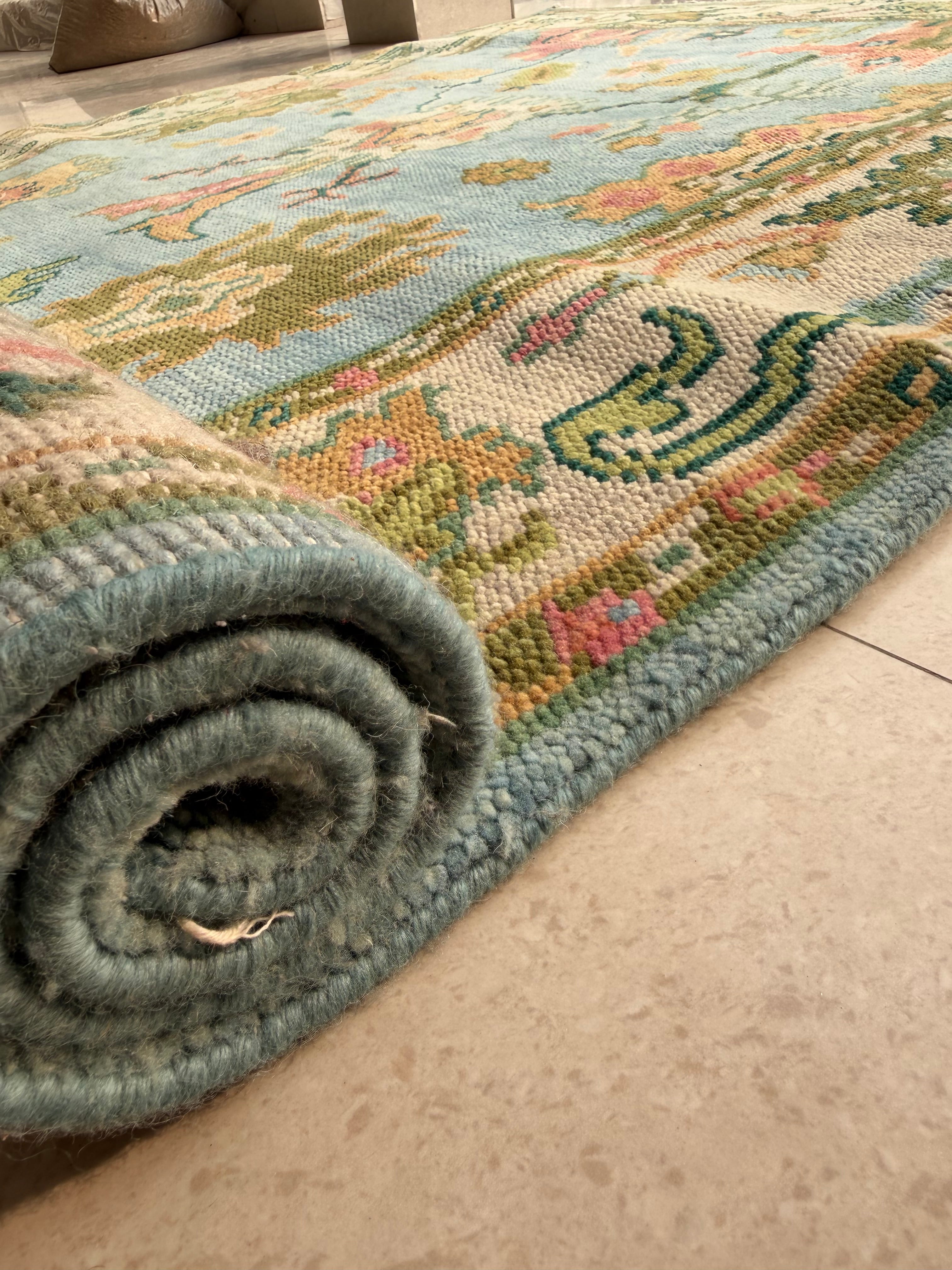 Vintage Floral Wool Rug, Handmade Knotted Area Rug, Blue Green Traditional Carpet, Cottagecore Rug, Persian Style Home Decor