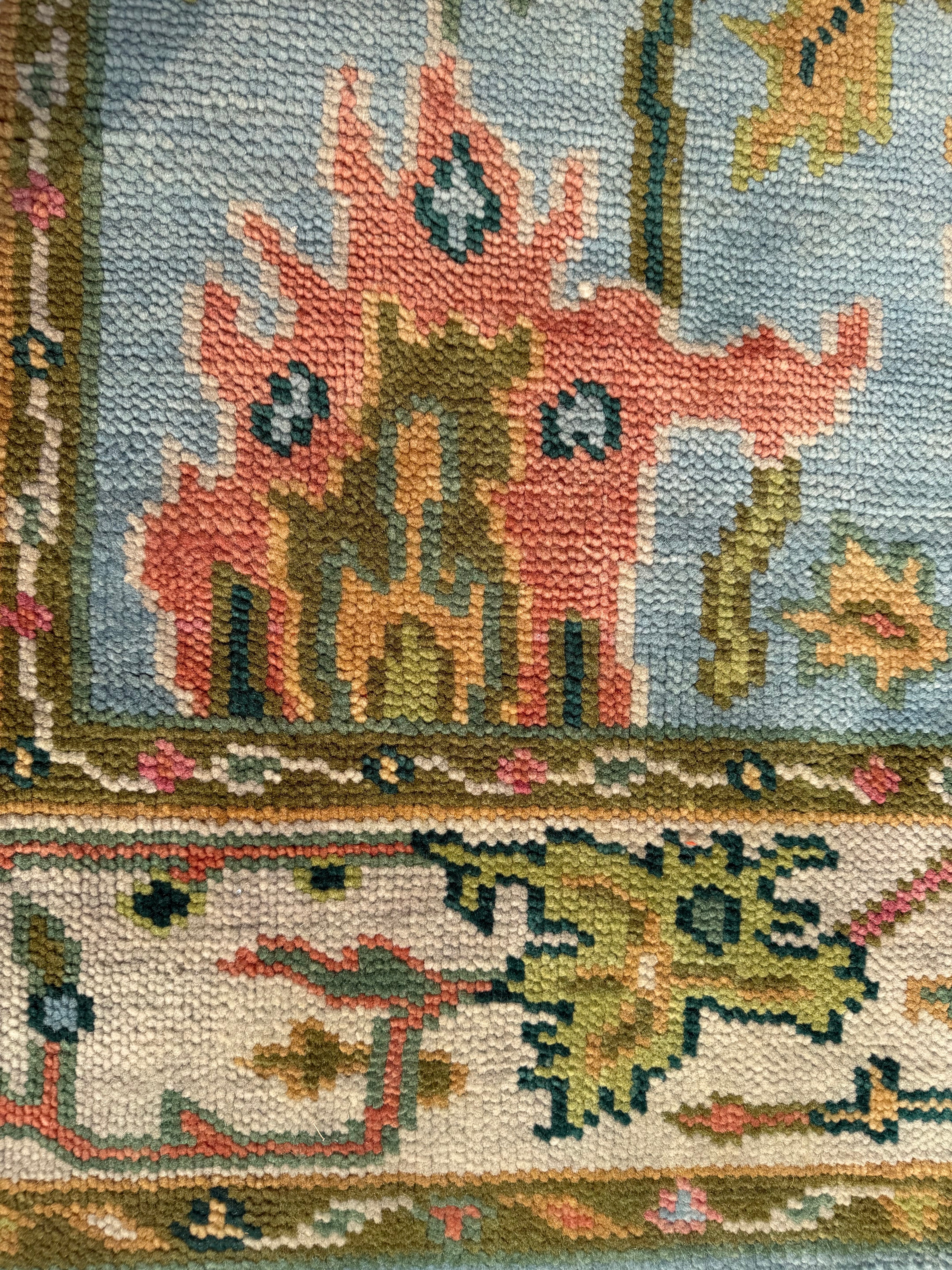 Vintage Floral Wool Rug, Handmade Knotted Area Rug, Blue Green Traditional Carpet, Cottagecore Rug, Persian Style Home Decor