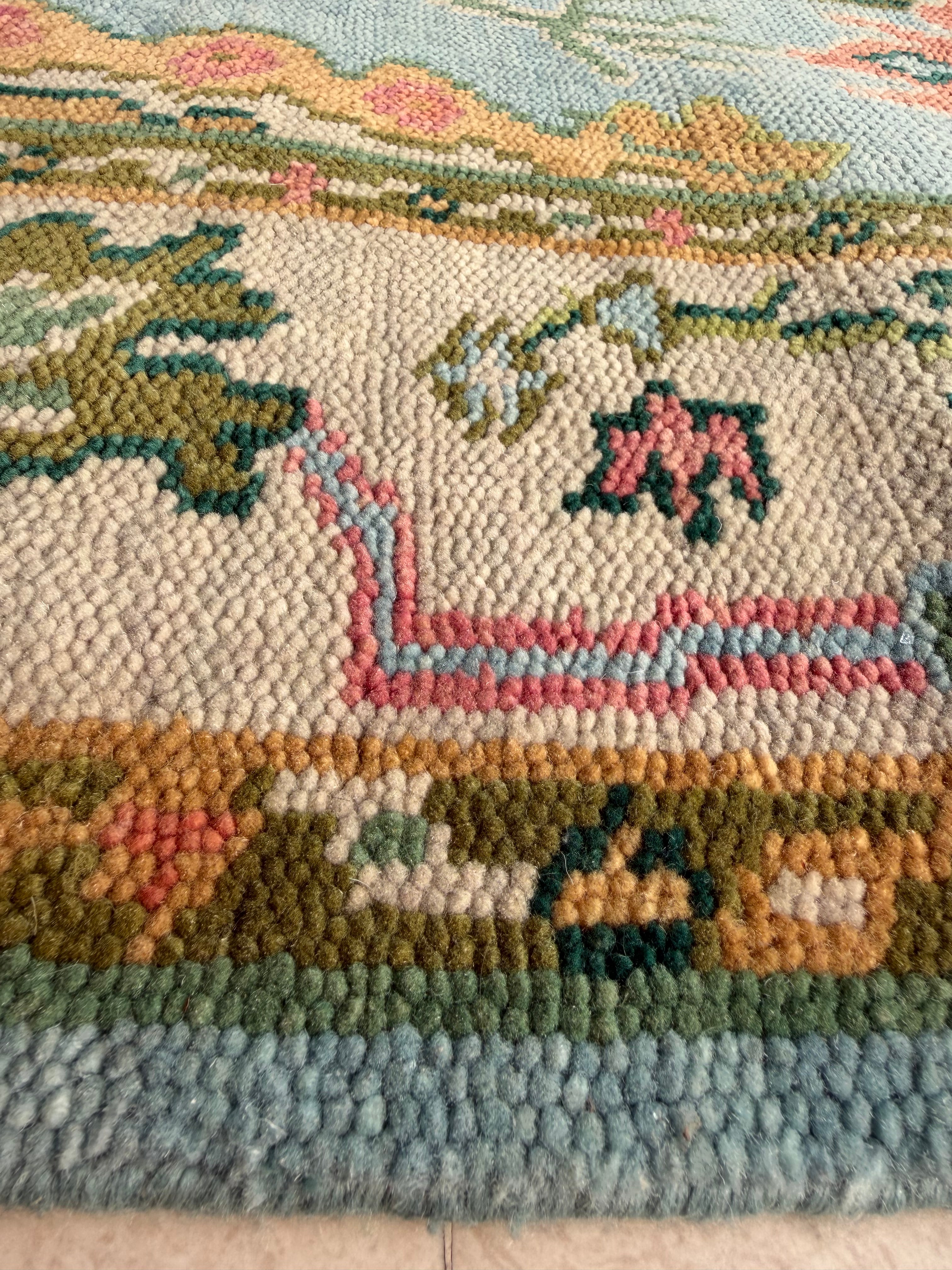 Vintage Floral Wool Rug, Handmade Knotted Area Rug, Blue Green Traditional Carpet, Cottagecore Rug, Persian Style Home Decor