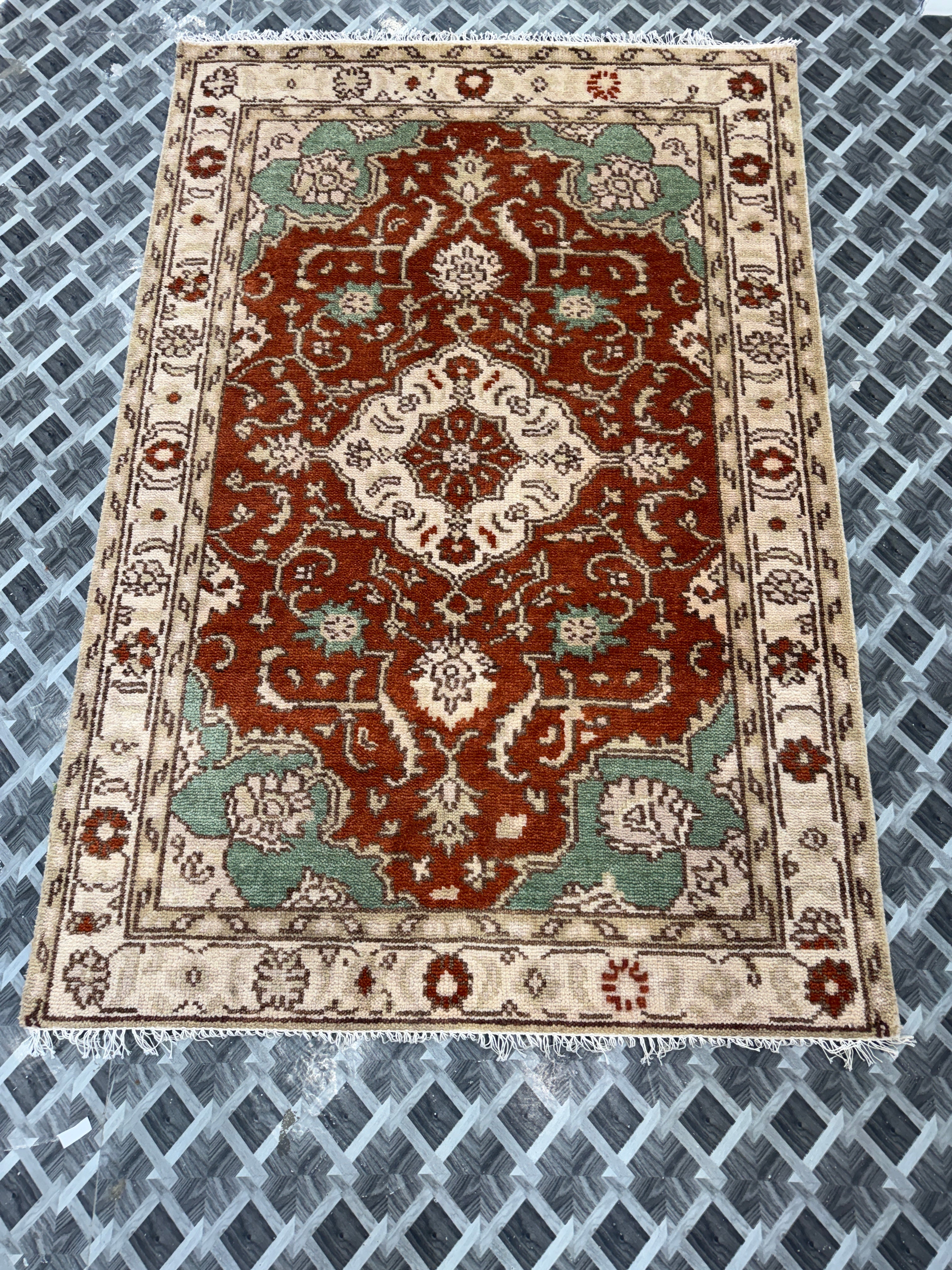 Hand Knotted Vintage Rug, Rust Red Sage Green Wool Area Rug, Traditional Persian Style Carpet, Cream Floral Rug, Boho Living Room Decor