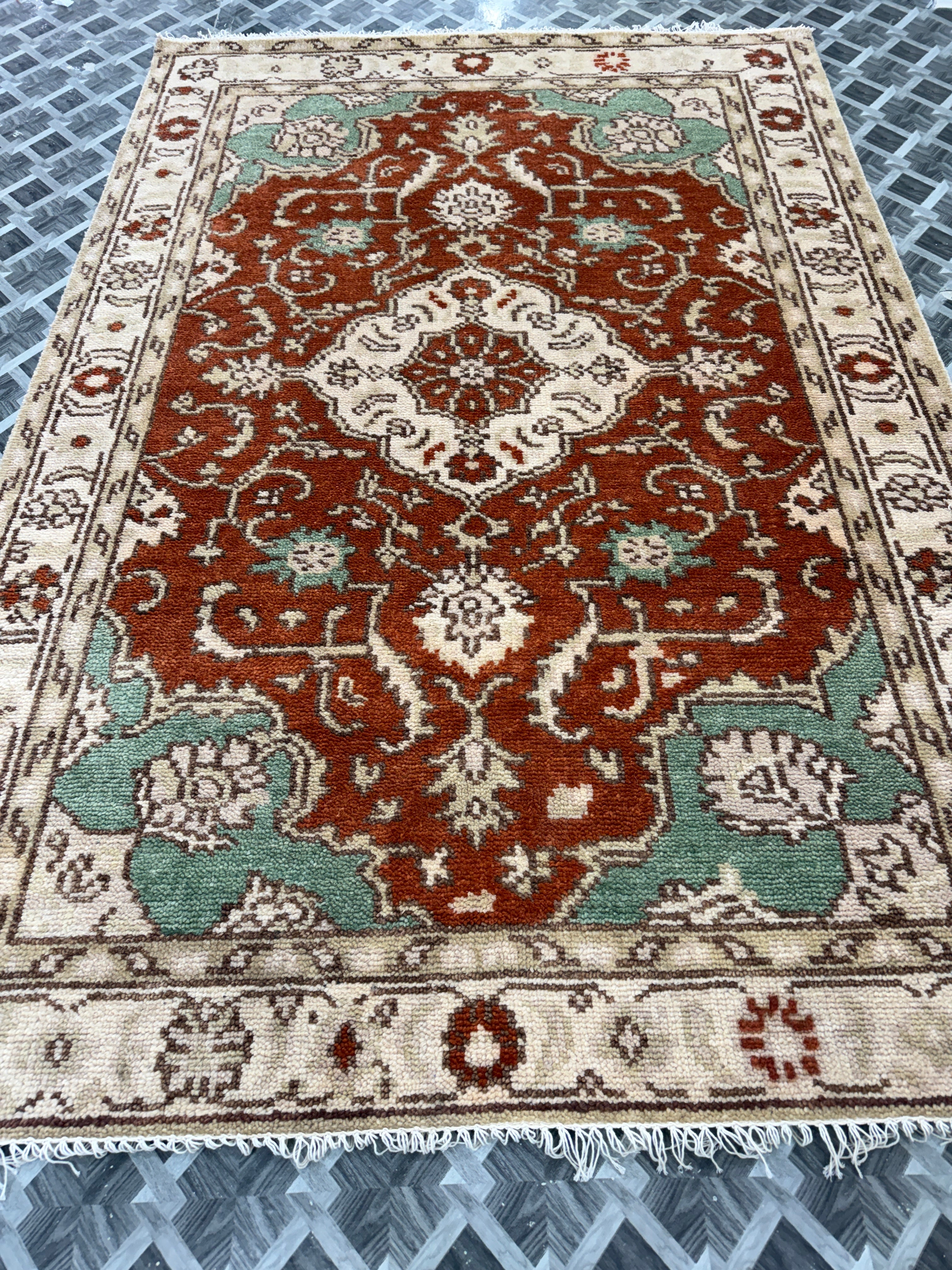 Hand Knotted Vintage Rug, Rust Red Sage Green Wool Area Rug, Traditional Persian Style Carpet, Cream Floral Rug, Boho Living Room Decor
