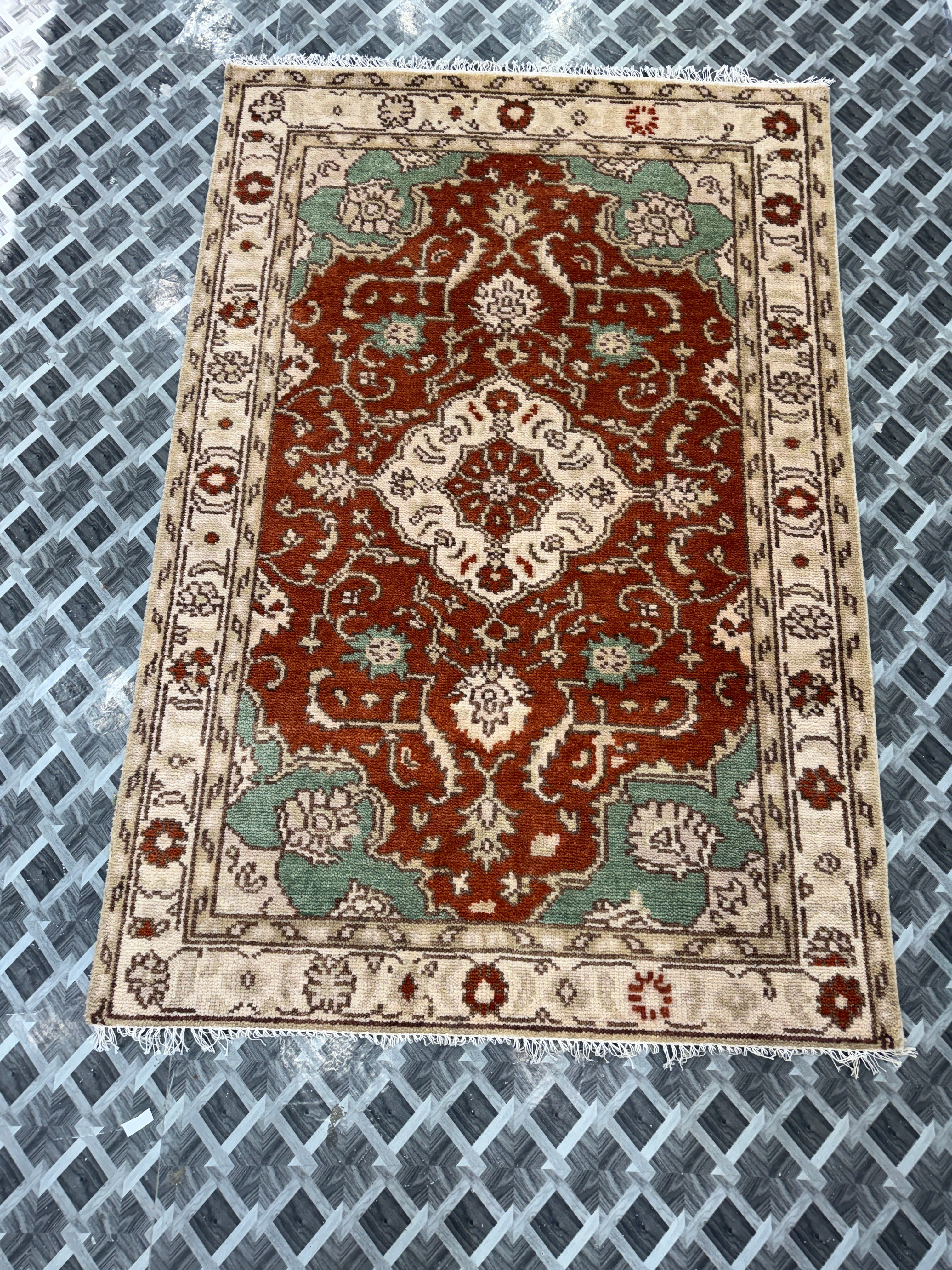 Hand Knotted Vintage Rug, Rust Red Sage Green Wool Area Rug, Traditional Persian Style Carpet, Cream Floral Rug, Boho Living Room Decor