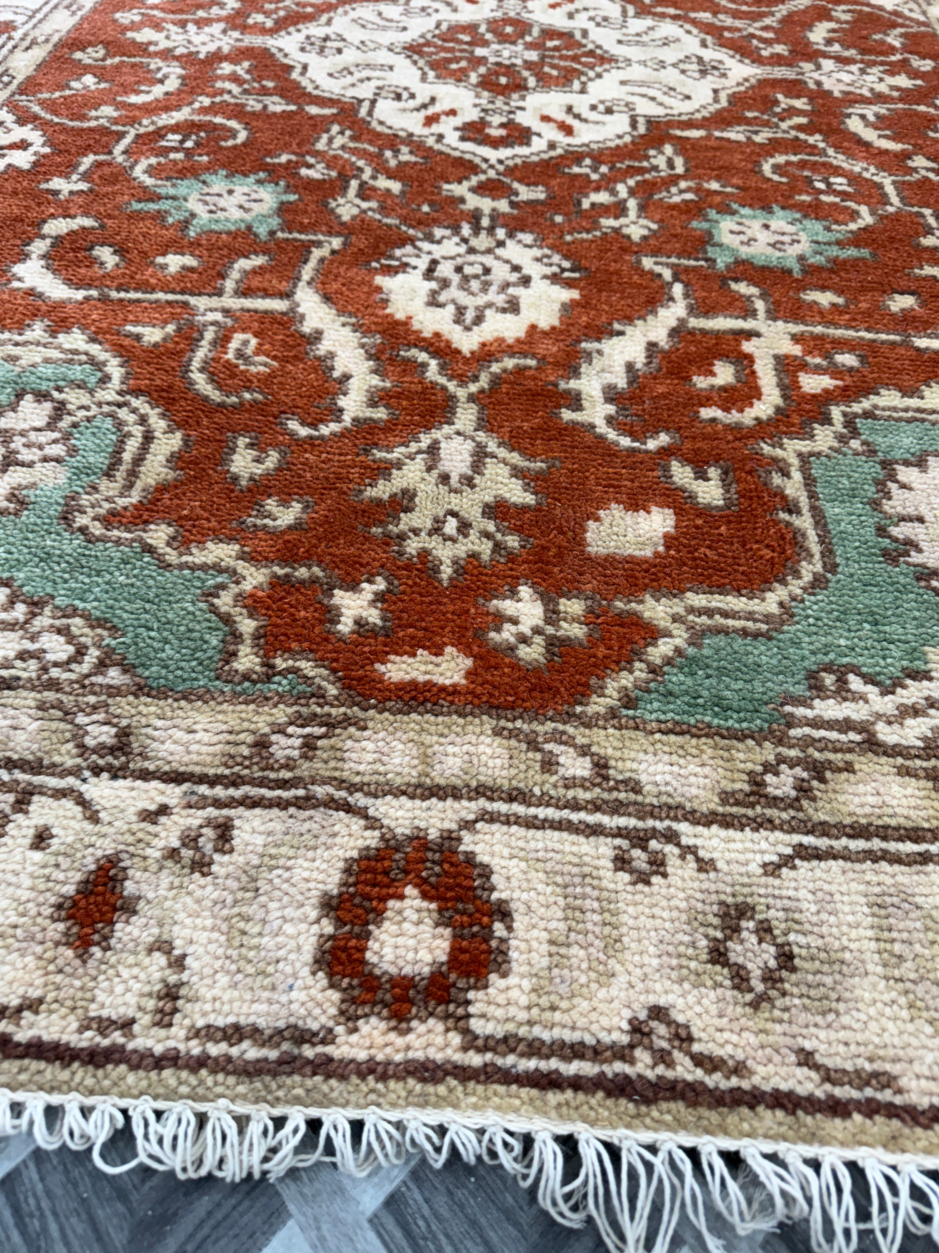 Hand Knotted Vintage Rug, Rust Red Sage Green Wool Area Rug, Traditional Persian Style Carpet, Cream Floral Rug, Boho Living Room Decor