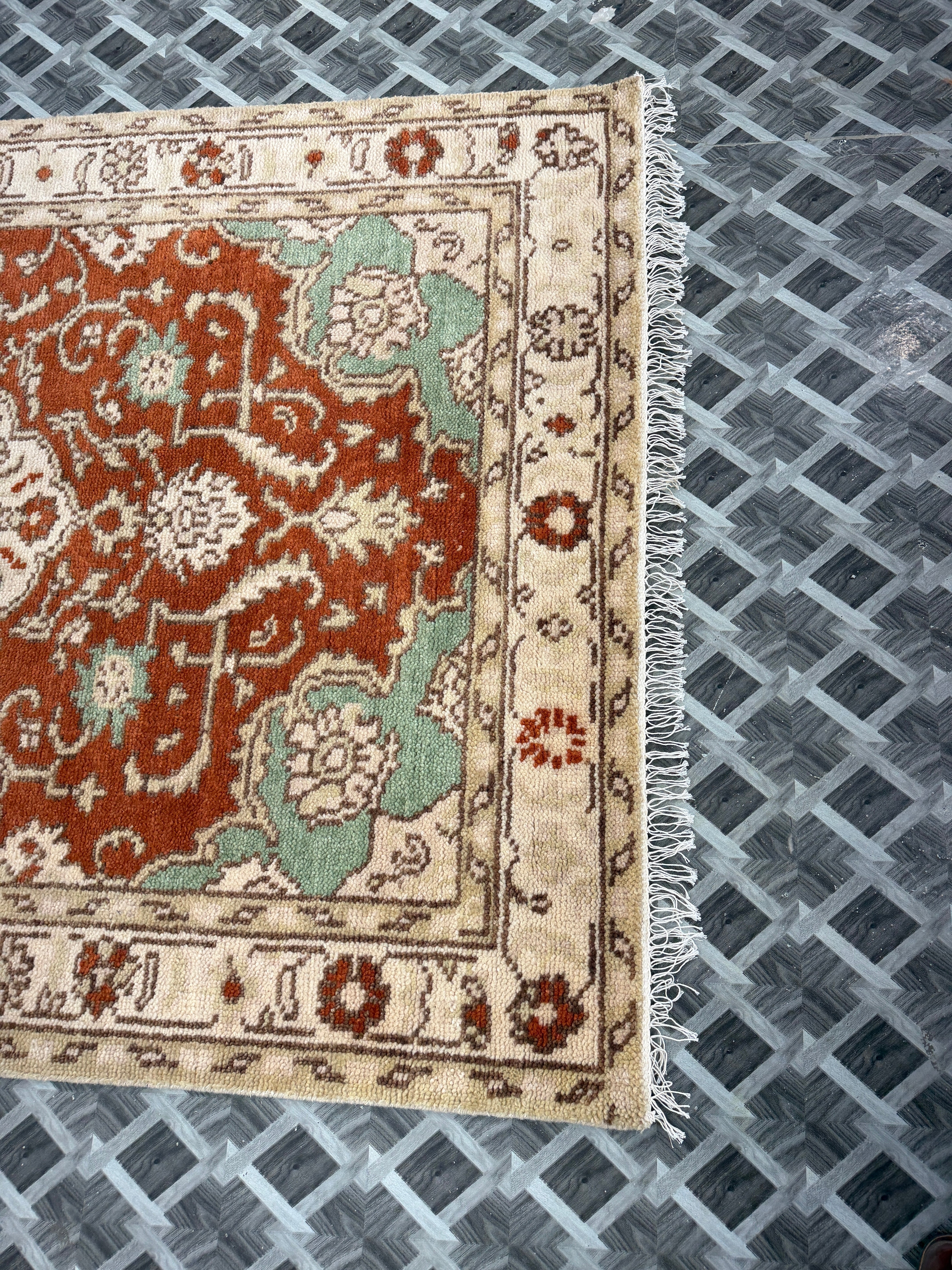 Hand Knotted Vintage Rug, Rust Red Sage Green Wool Area Rug, Traditional Persian Style Carpet, Cream Floral Rug, Boho Living Room Decor