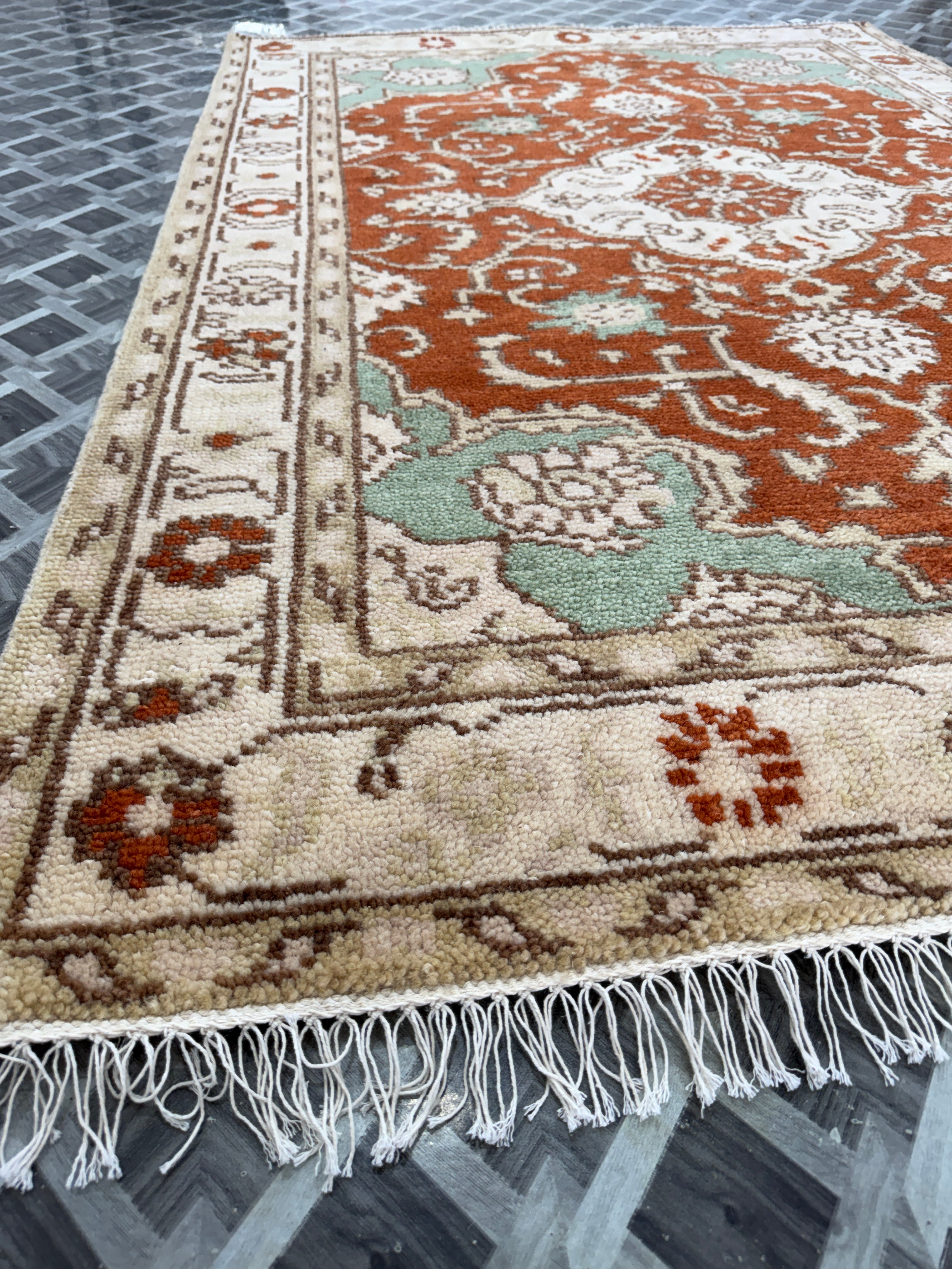 Hand Knotted Vintage Rug, Rust Red Sage Green Wool Area Rug, Traditional Persian Style Carpet, Cream Floral Rug, Boho Living Room Decor
