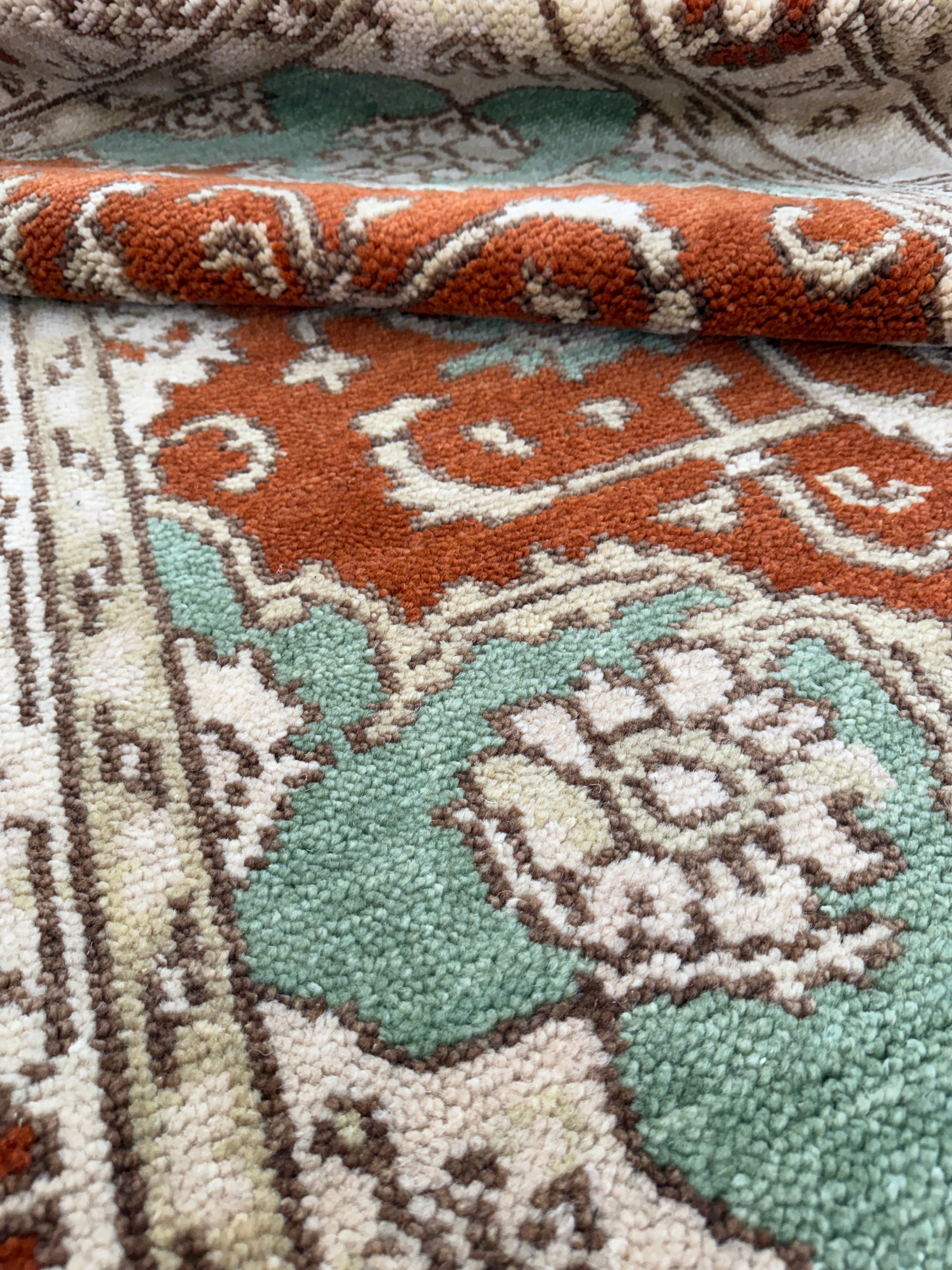 Hand Knotted Vintage Rug, Rust Red Sage Green Wool Area Rug, Traditional Persian Style Carpet, Cream Floral Rug, Boho Living Room Decor