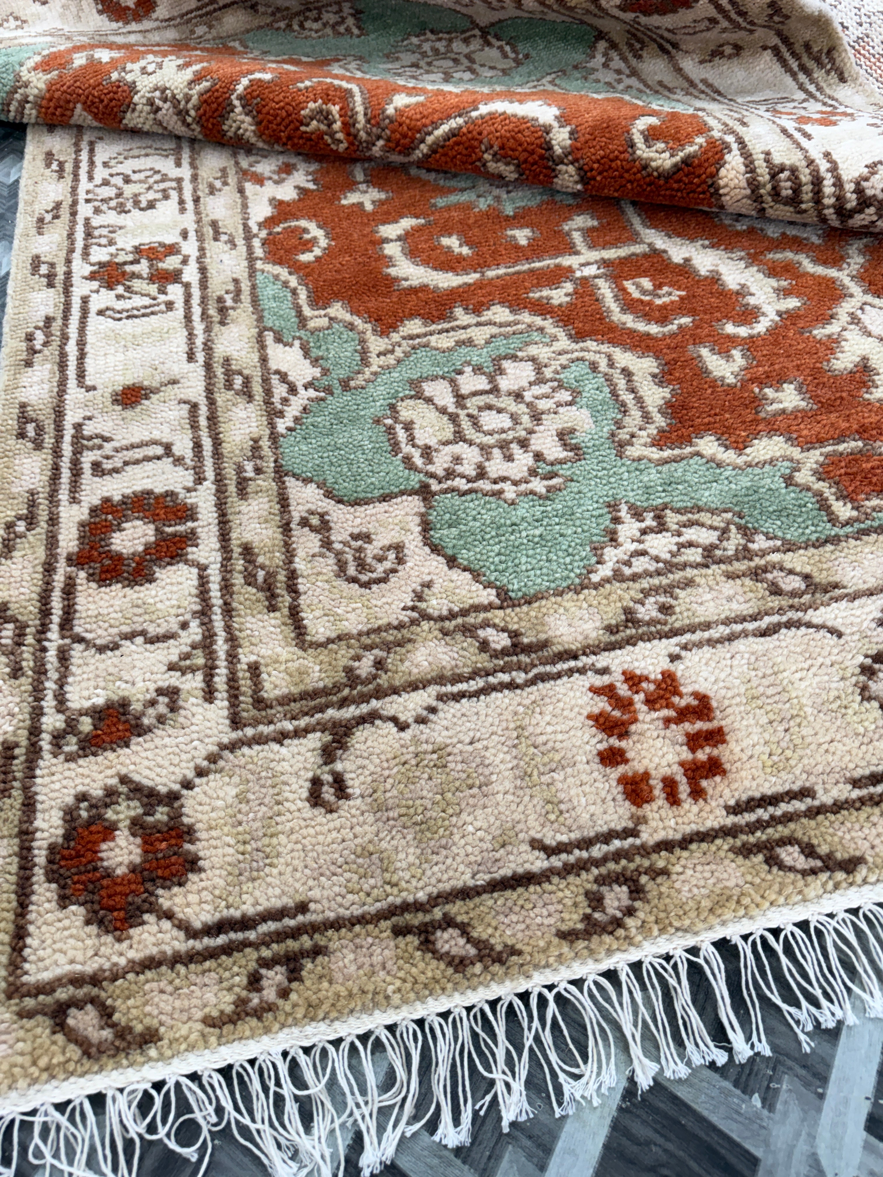 Hand Knotted Vintage Rug, Rust Red Sage Green Wool Area Rug, Traditional Persian Style Carpet, Cream Floral Rug, Boho Living Room Decor